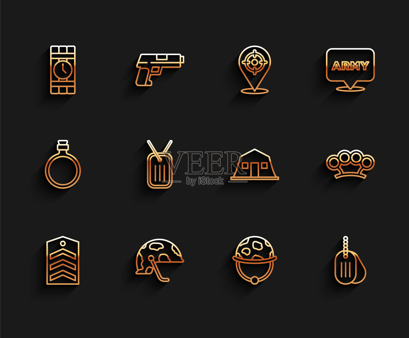 设定线雪佛龙，军事头盔，炸药和定时器时钟，狗标签，黄铜指关节和兵营图标。向量图标素材