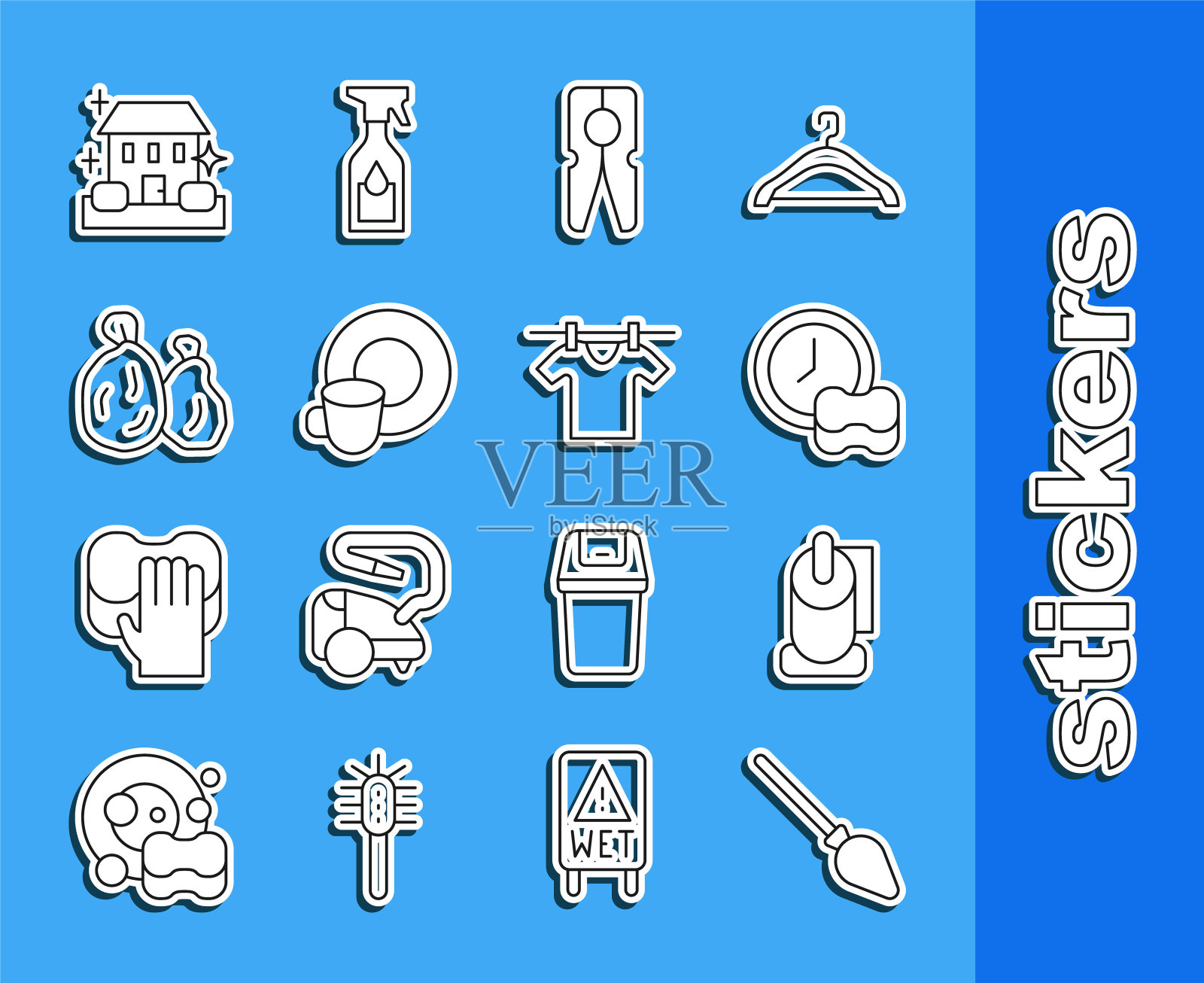 设置线把扫帚，卫生纸卷，洗盘子，衣服别针，垃圾袋，家庭清洁服务和烘干衣服图标。向量图标素材