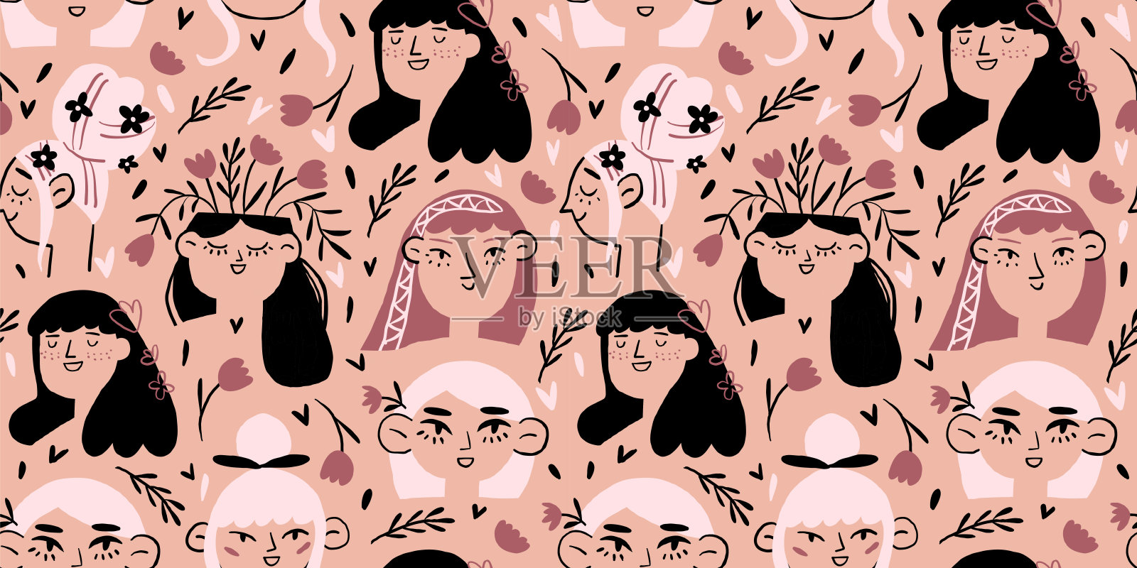 玫瑰花朵。绽放可爱的女性面孔。花盛开着美丽的女人肖像。各种年轻漂亮的姑娘。时尚的人物。手绘矢量无缝模式。蓝色背景插画图片素材