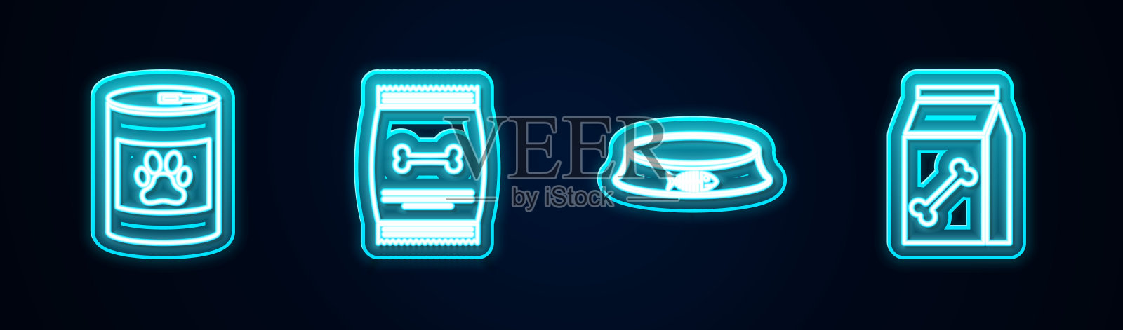 罐装食品，宠物袋，宠物碗。发光的霓虹灯图标。向量插画图片素材
