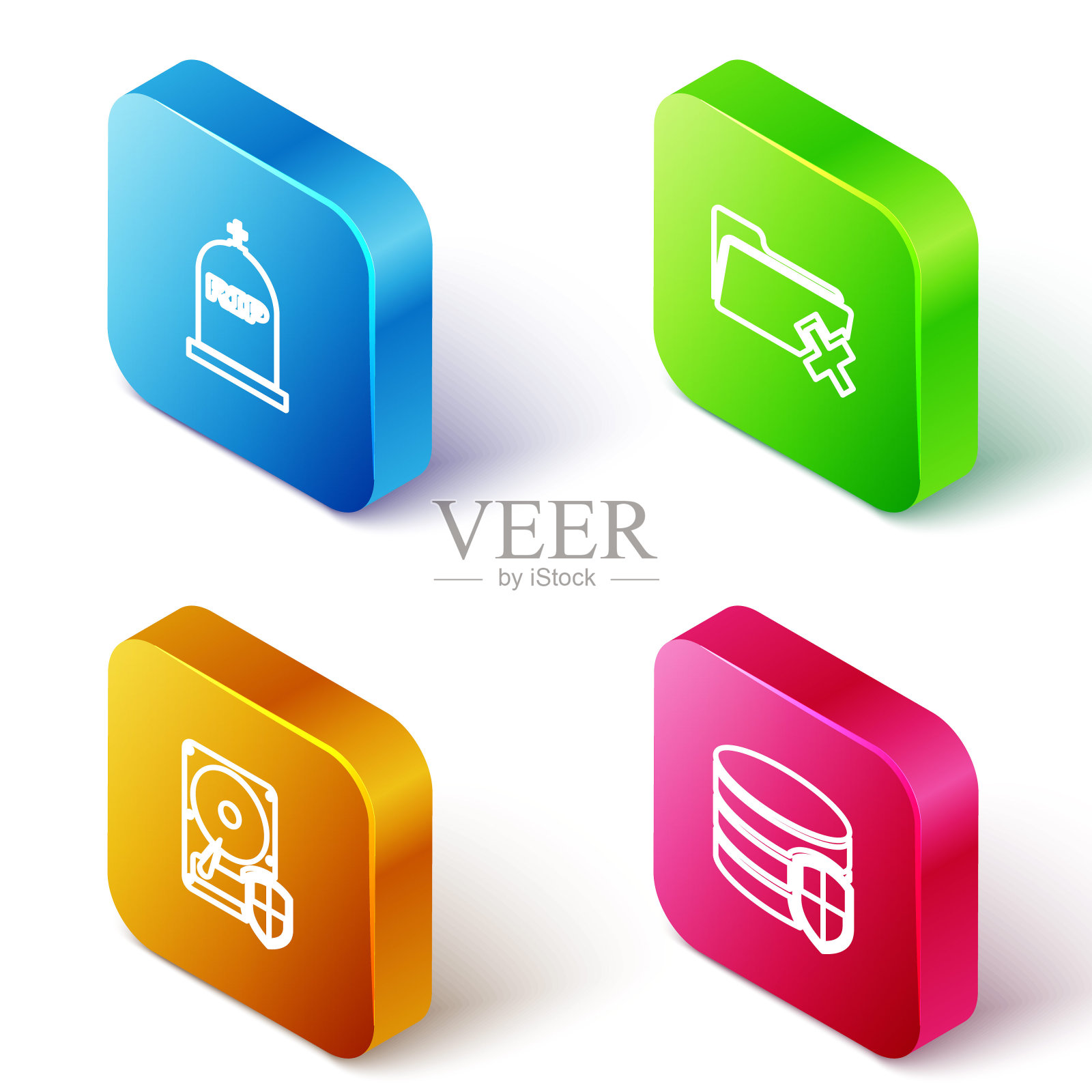 设置等距线墓碑与RIP写入，删除文件夹，硬盘驱动器HDD保护和数据库图标。向量图标素材