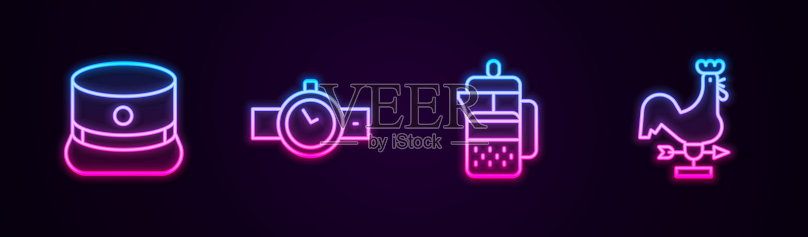 设置线凯皮，腕表，法式压压机和公鸡风向标。发光的霓虹灯图标。向量插画图片素材