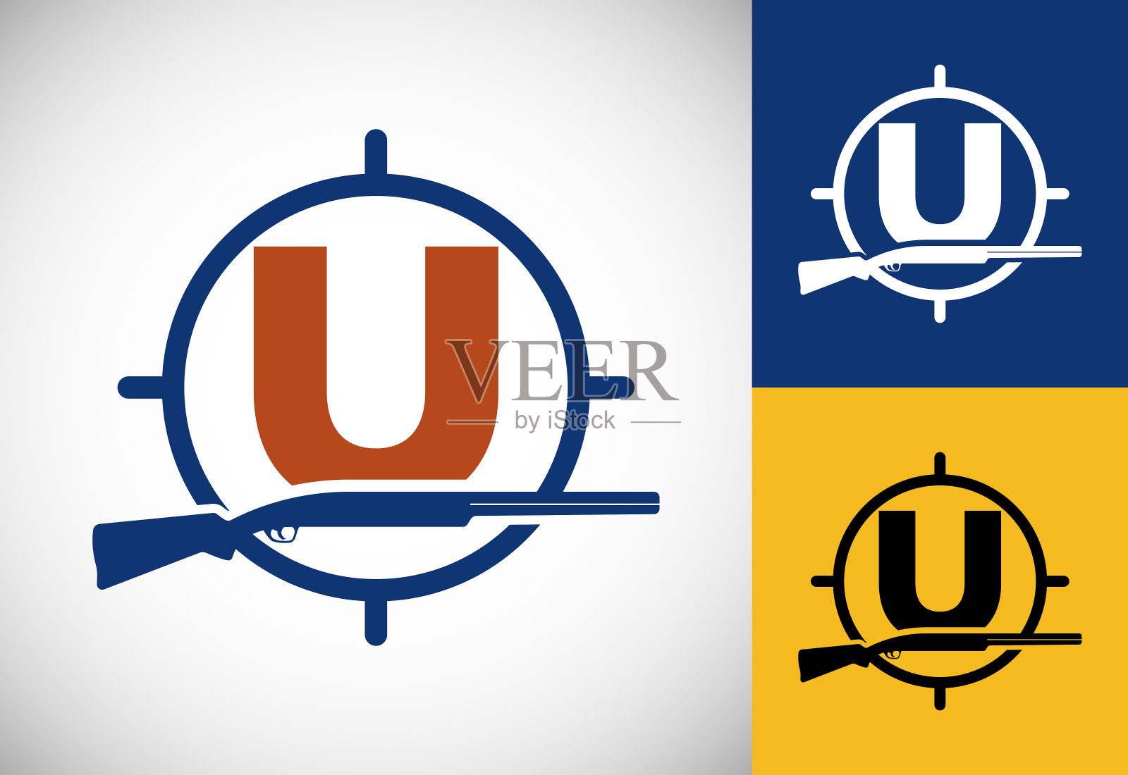 首字母U，枪和目标标志。灵感狩猎俱乐部标志矢量。狩猎的标志插画图片素材