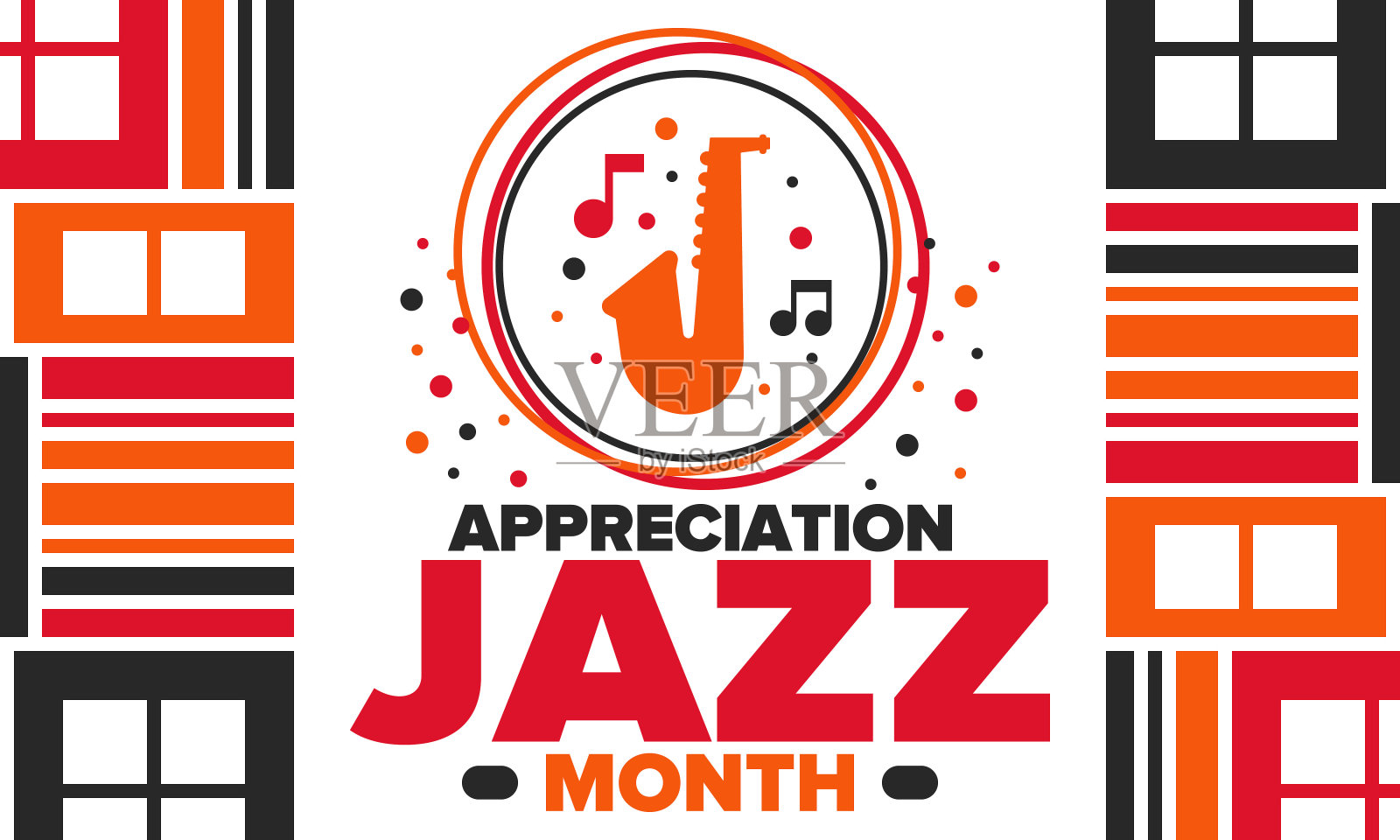4月的爵士乐欣赏月。爵士乐在美国的表彰月。音乐节、活动、音乐会。海报，卡片，横幅和背景。矢量图插画图片素材
