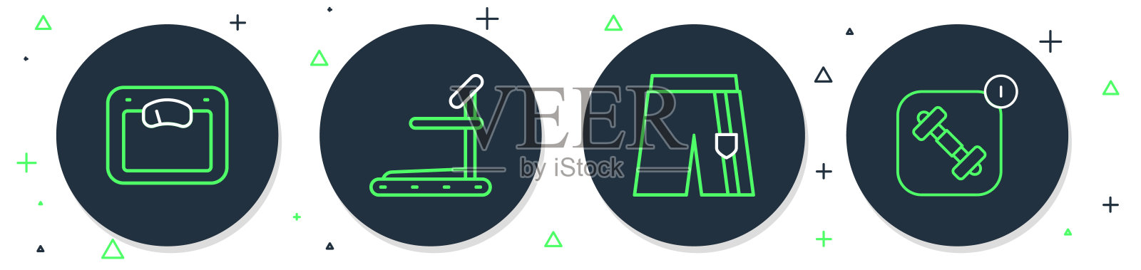 设置线跑步机，短或裤子，浴室秤和健身应用程序图标。向量插画图片素材
