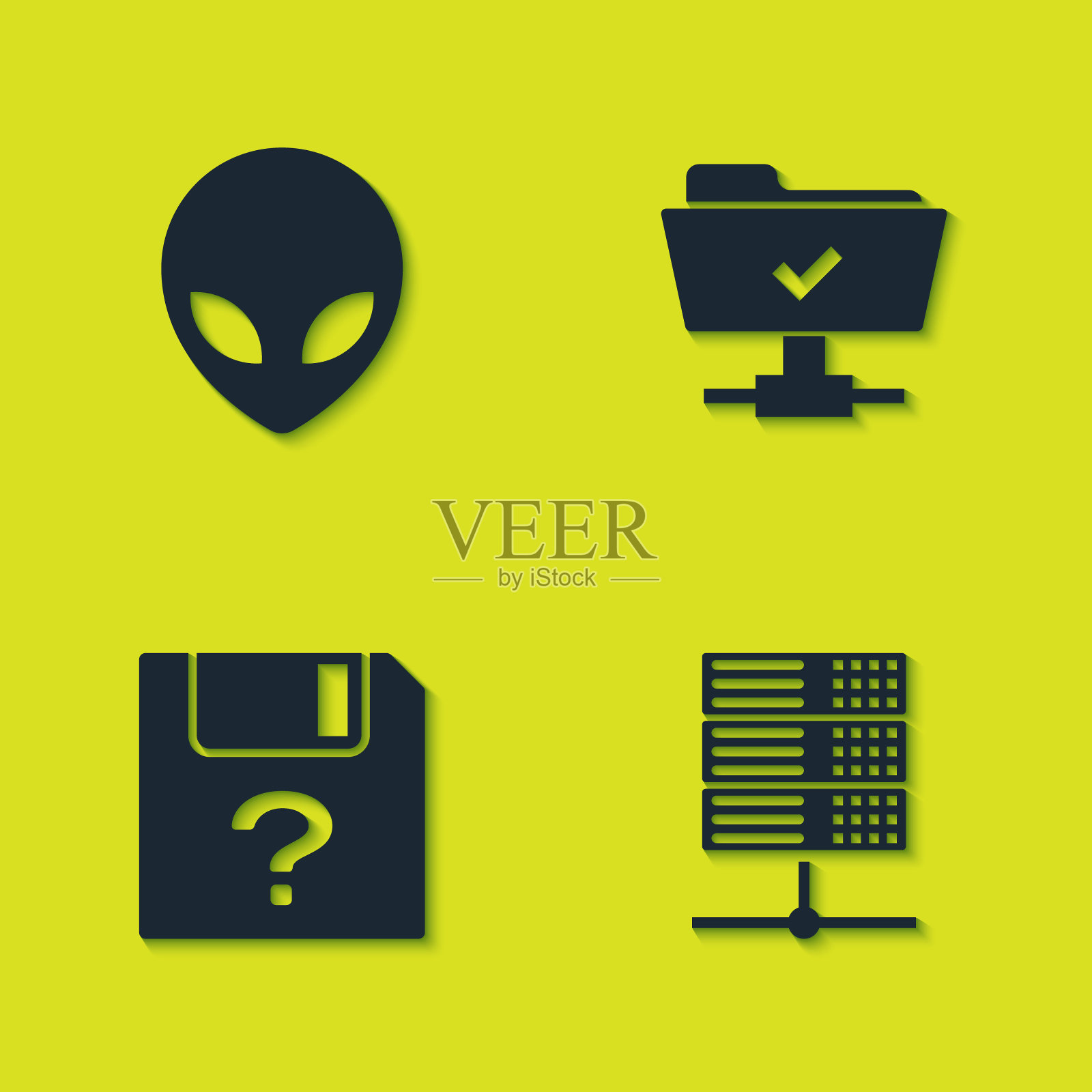 设置异形、服务器、数据、Web主机、未知文档和FTP操作成功图标。向量插画图片素材