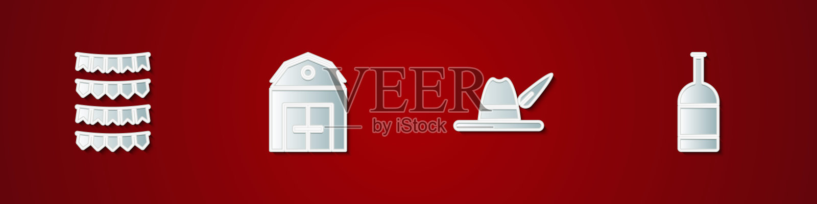 设置嘉年华花环与旗帜，农场房子，啤酒节帽子和啤酒瓶图标。向量插画图片素材