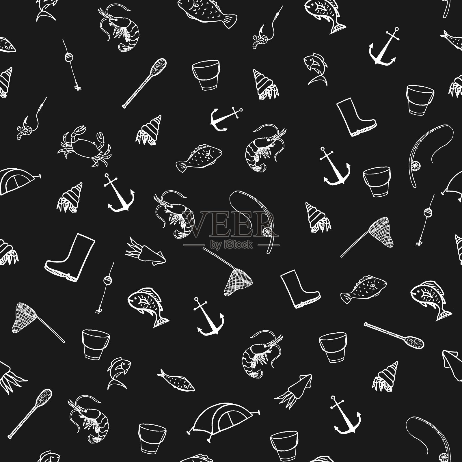 钓鱼涂鸦无缝图案，描绘了一个锚插画图片素材