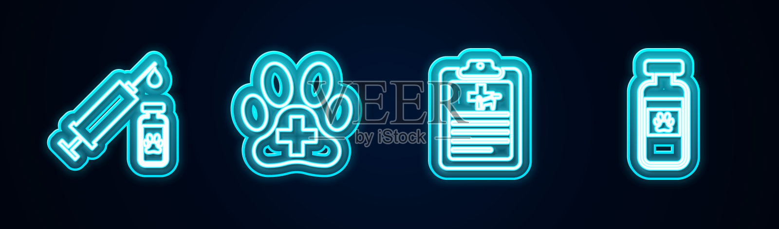 设置宠物疫苗注射器，兽医诊所，临床记录和宠物药瓶。发光的霓虹灯图标。向量插画图片素材