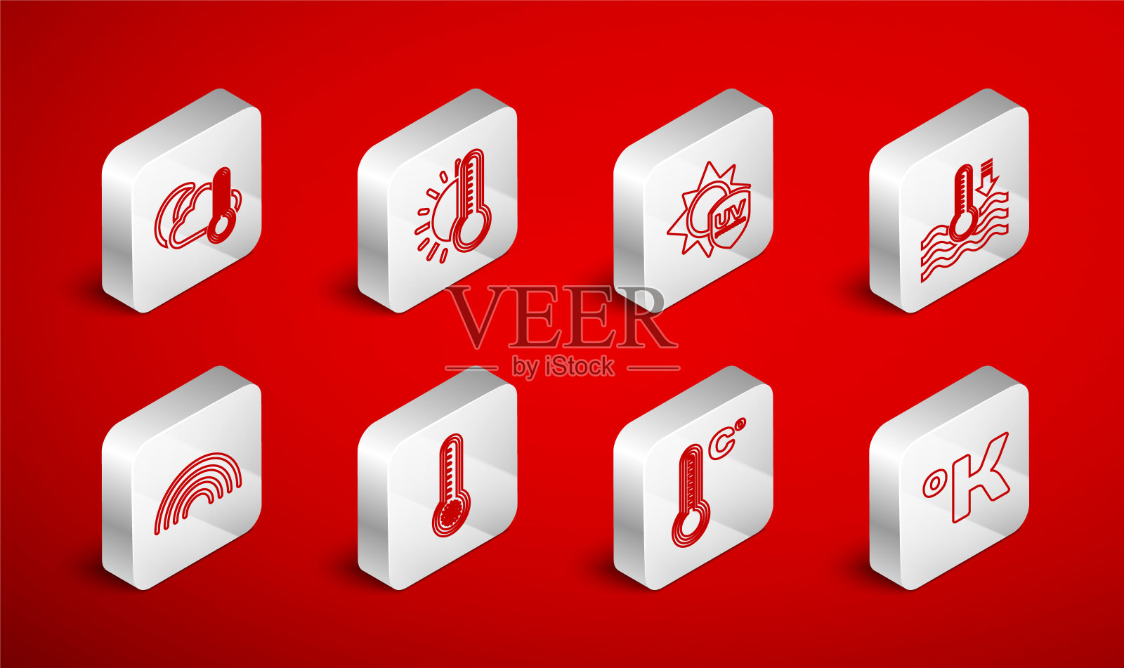 设置开尔文线，温度计与太阳，紫外线保护，水温度计，气象学，云，月亮和彩虹图标。向量图标素材