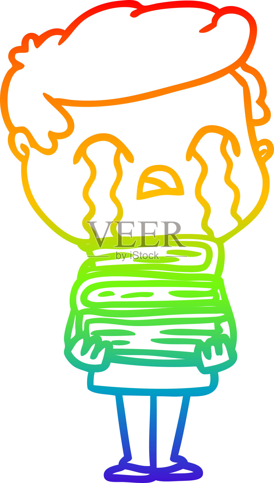 卡通男人哭泣在书堆上的彩虹渐变线条画插画图片素材