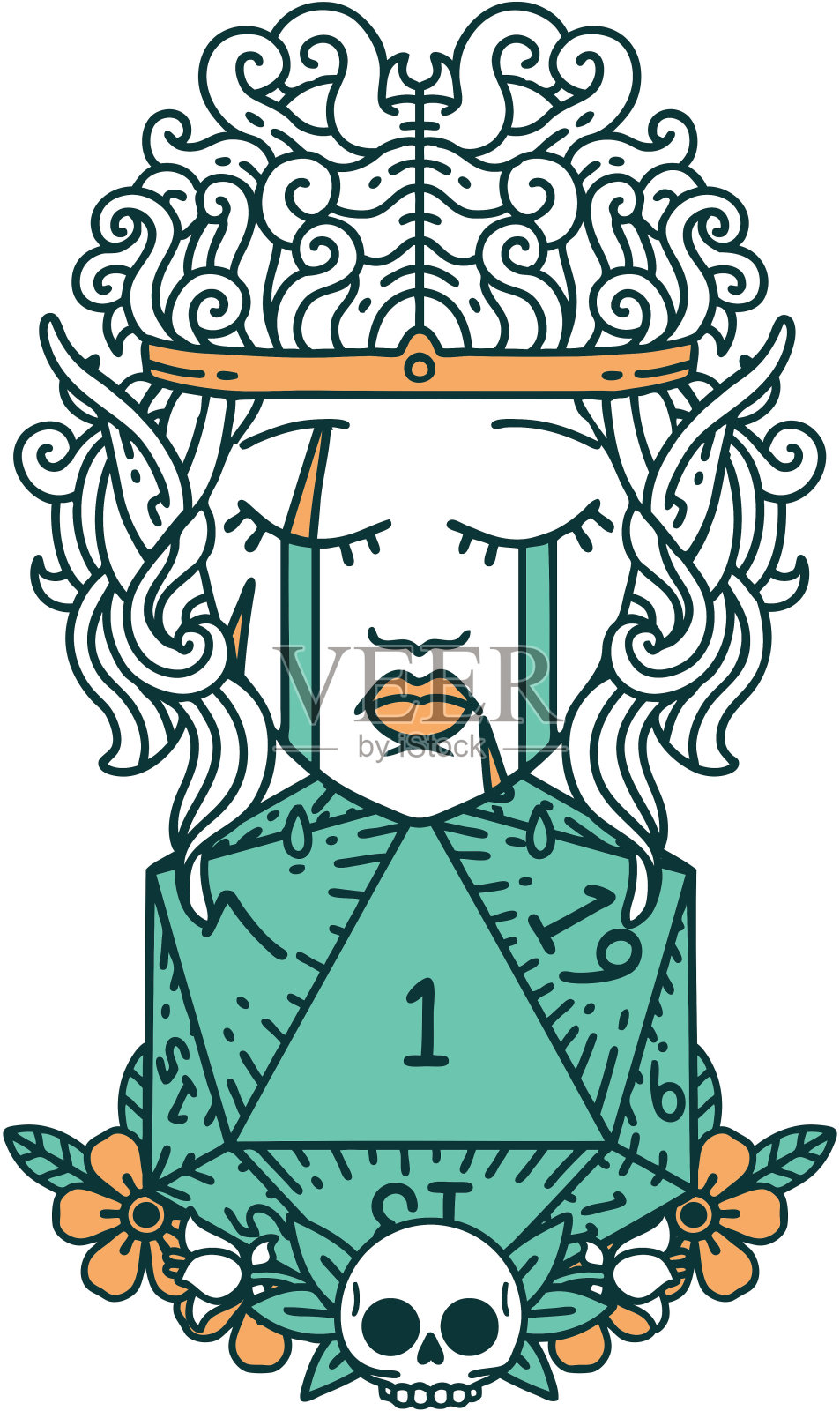 复古纹身风格哭泣的精灵野蛮人的性格与自然一个D20卷插画图片素材