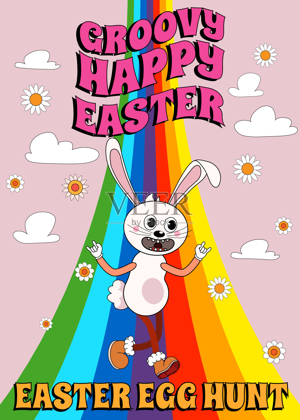 快乐复活节复古海报流行复活节Groovy 1970风格的花，鸡蛋，彩虹插画图片素材