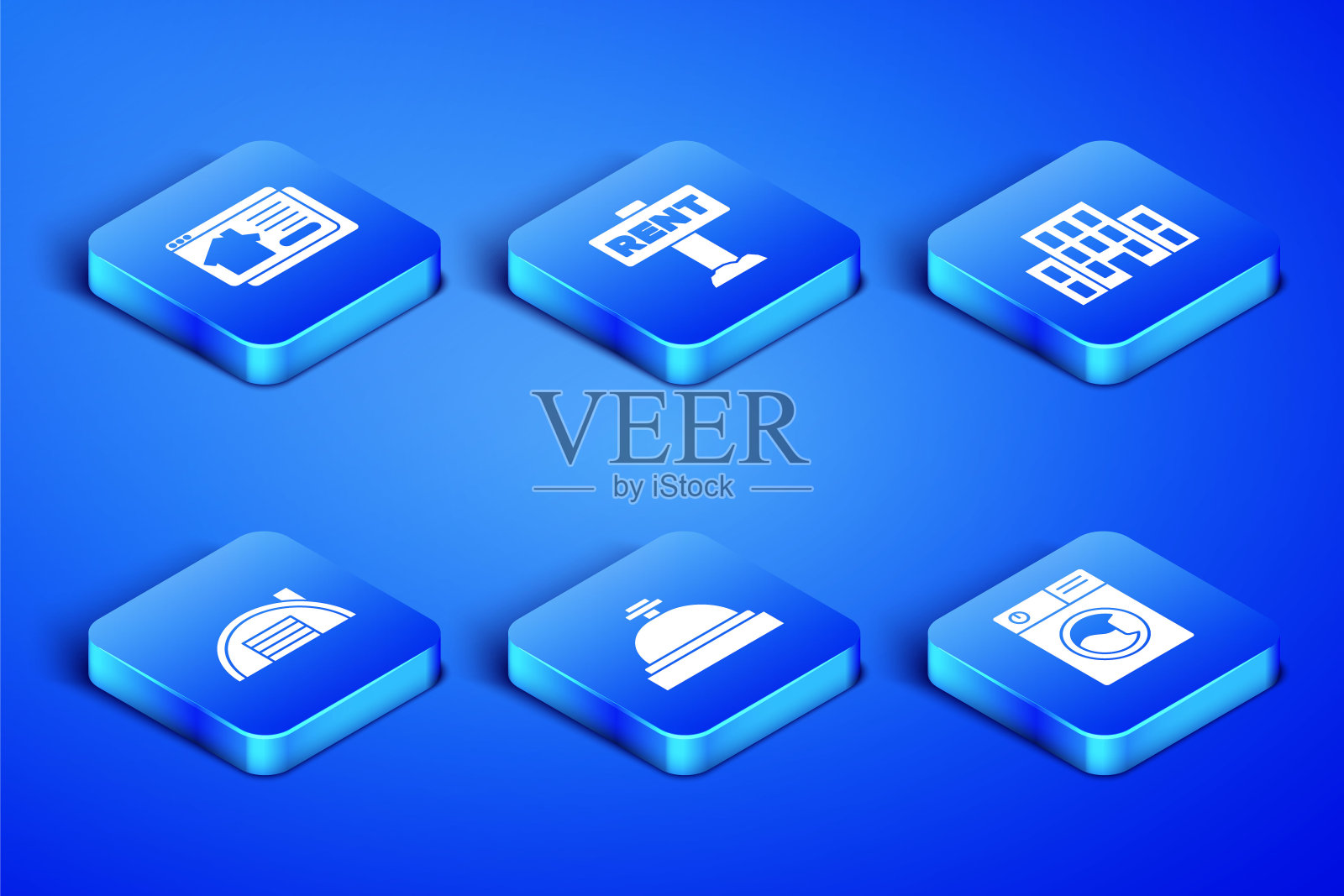 设置洗衣机，在线房地产房子，酒店服务钟，仓库，挂着租金和房子图标的标志。向量图标素材