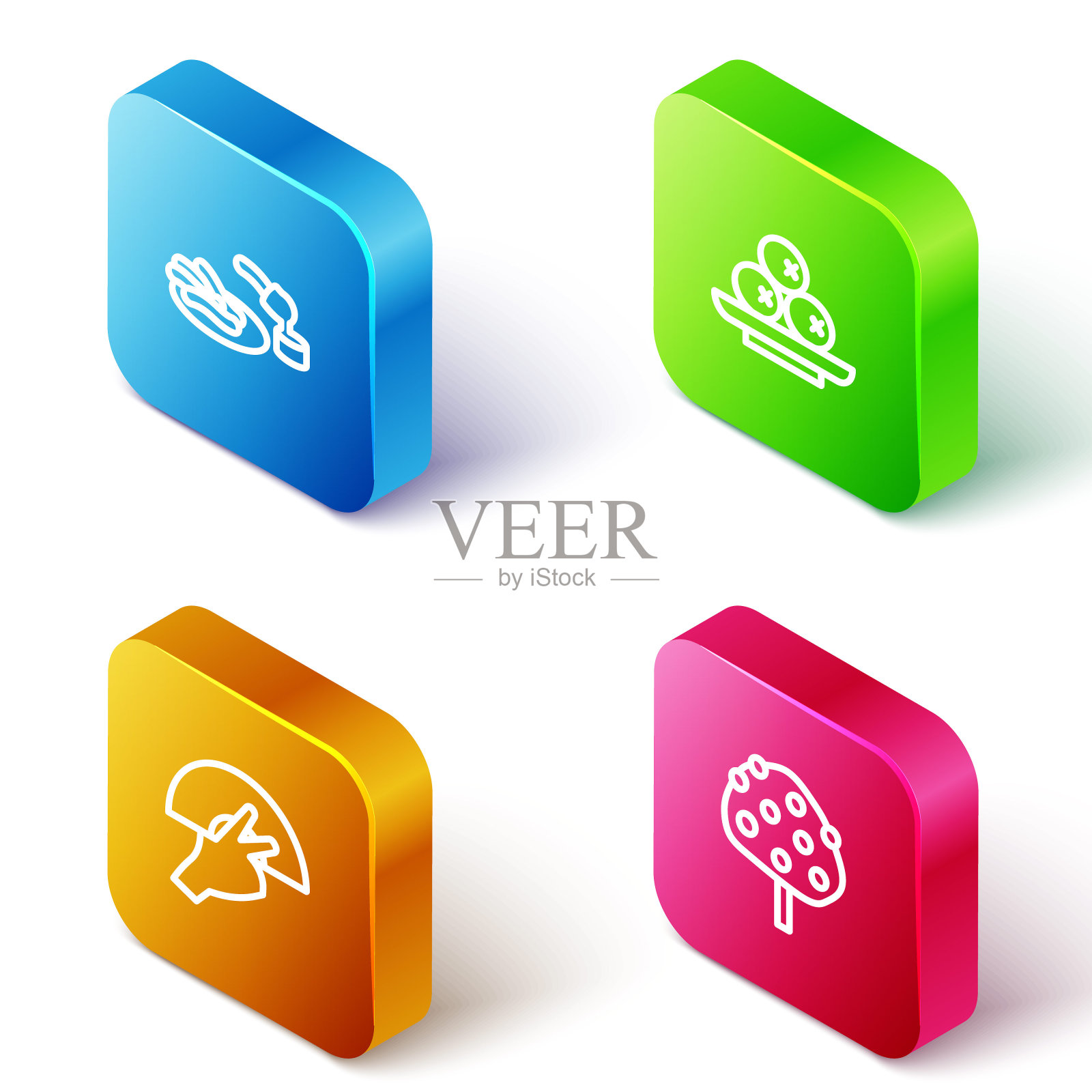 设置等距线油条和巧克力，橄榄盘，风扇弗拉门戈和橘子树图标。向量图标素材