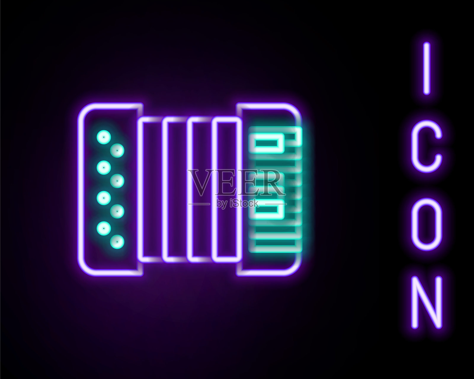 发光的霓虹灯线乐器手风琴图标孤立在黑色背景。古典巴扬，和谐。彩色轮廓概念。向量插画图片素材