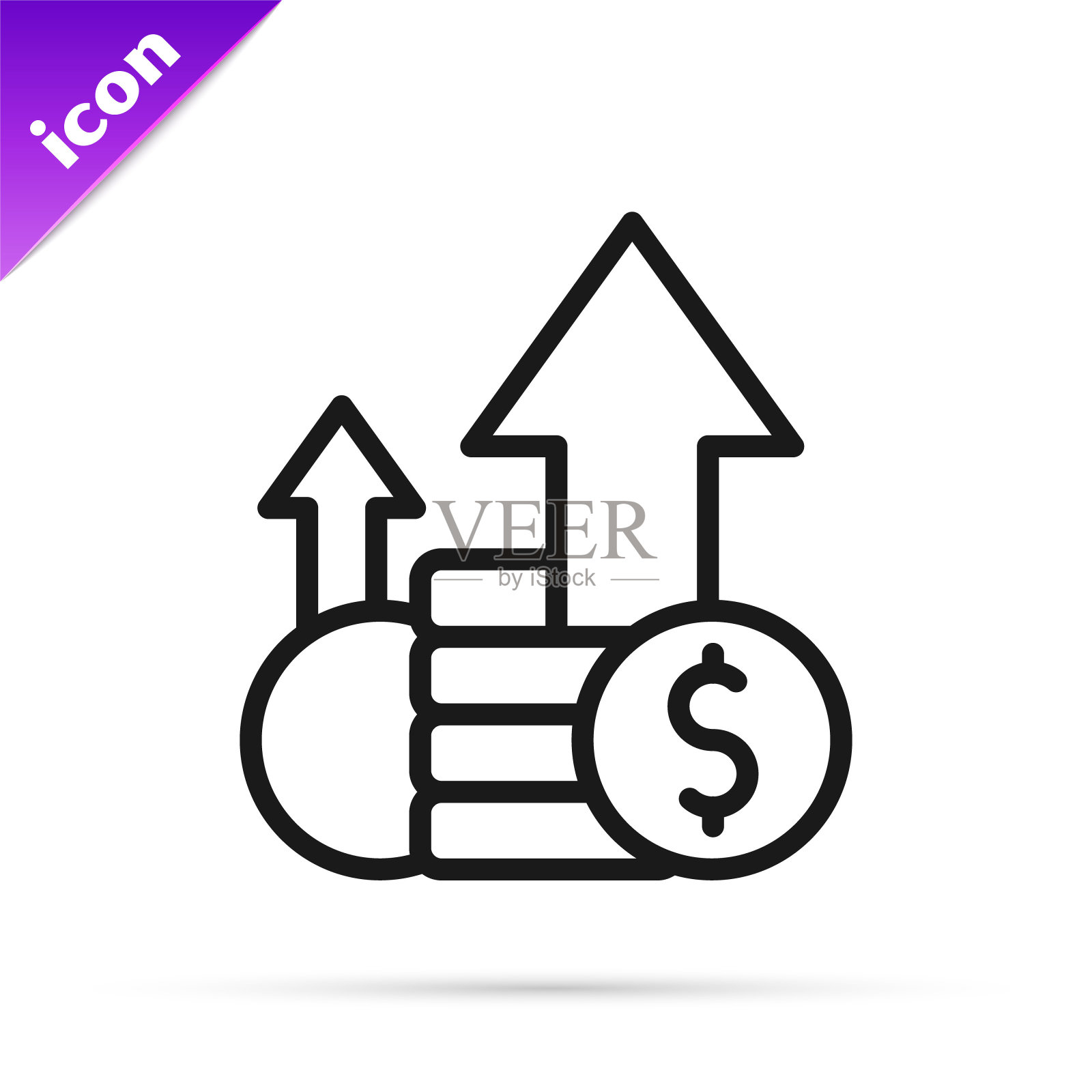 黑线金融增长和硬币图标孤立在白色背景。增加收入。向量图标素材