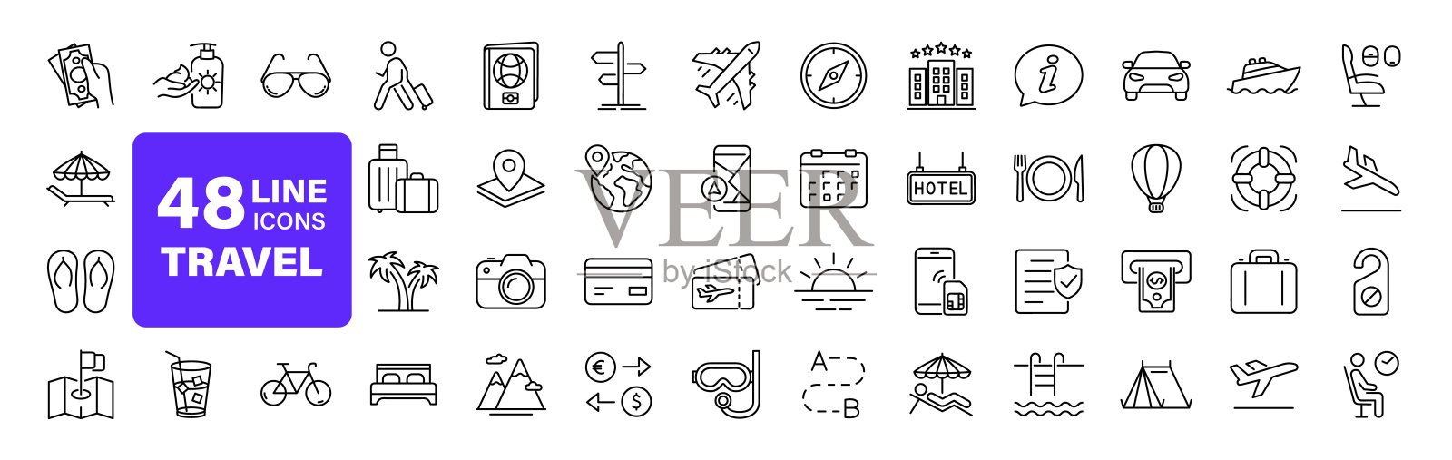 旅行和旅游一套网络图标的线条风格。网络和移动应用程序的旅行和度假图标。机场，门票，旅游，放松，酒店，娱乐休息，服务。矢量图图标素材