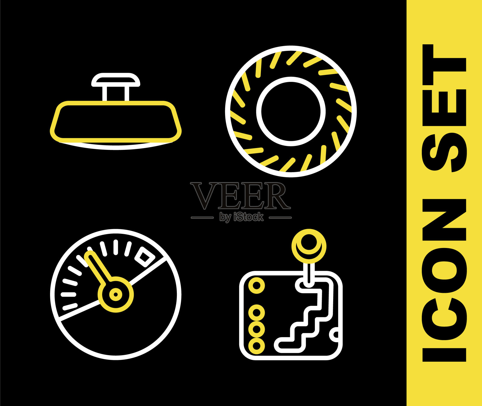 设置线汽车轮胎，换挡，速度计和镜像图标。向量图标素材