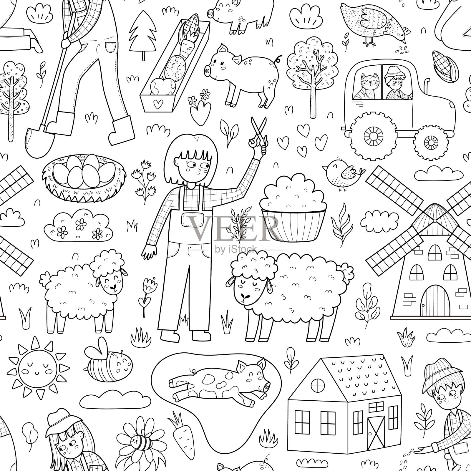 可爱的黑白无缝模式与农场动物和孩子农民插画图片素材