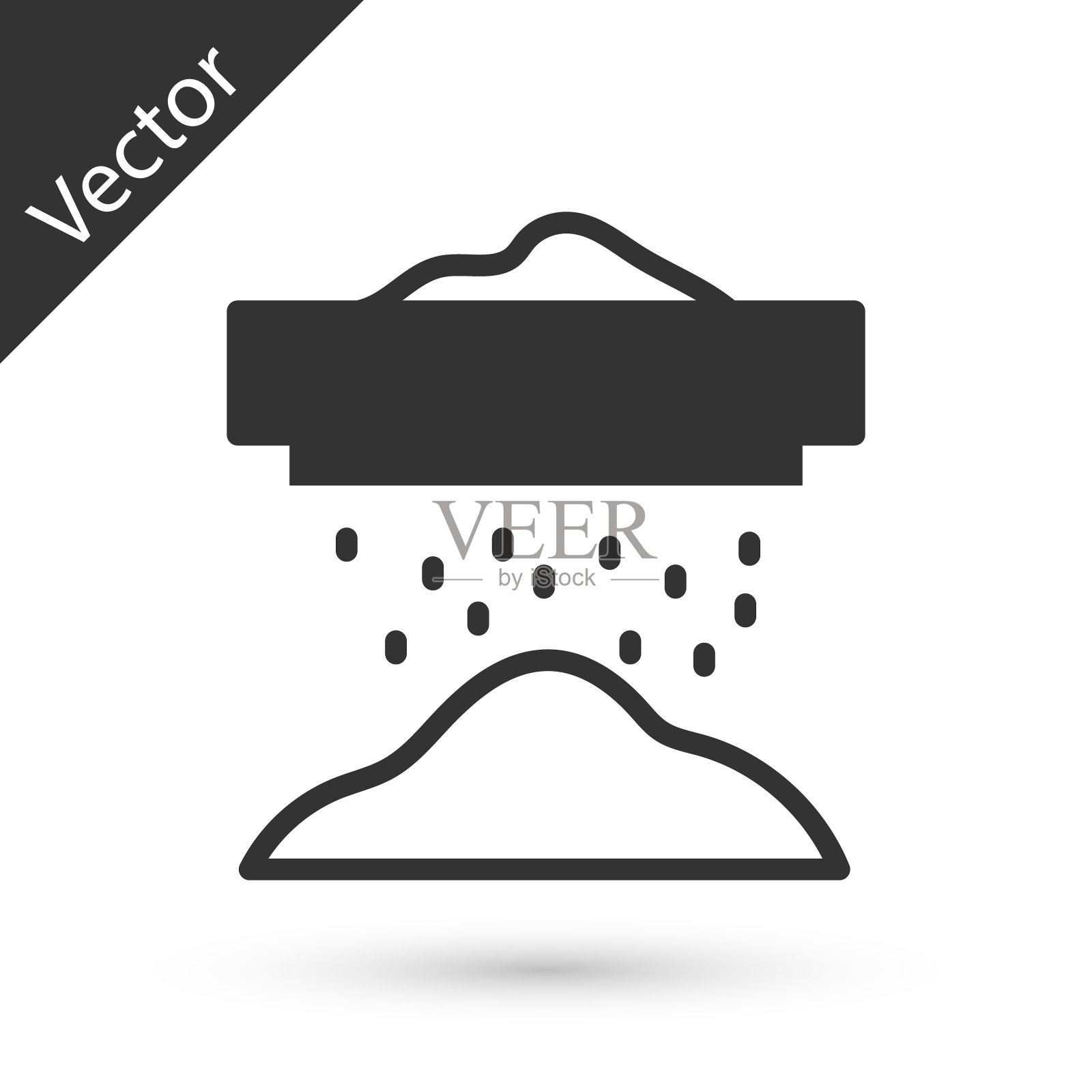 灰色筛面粉，谷物或糖粉通过筛图标孤立在白色背景。向量插画图片素材