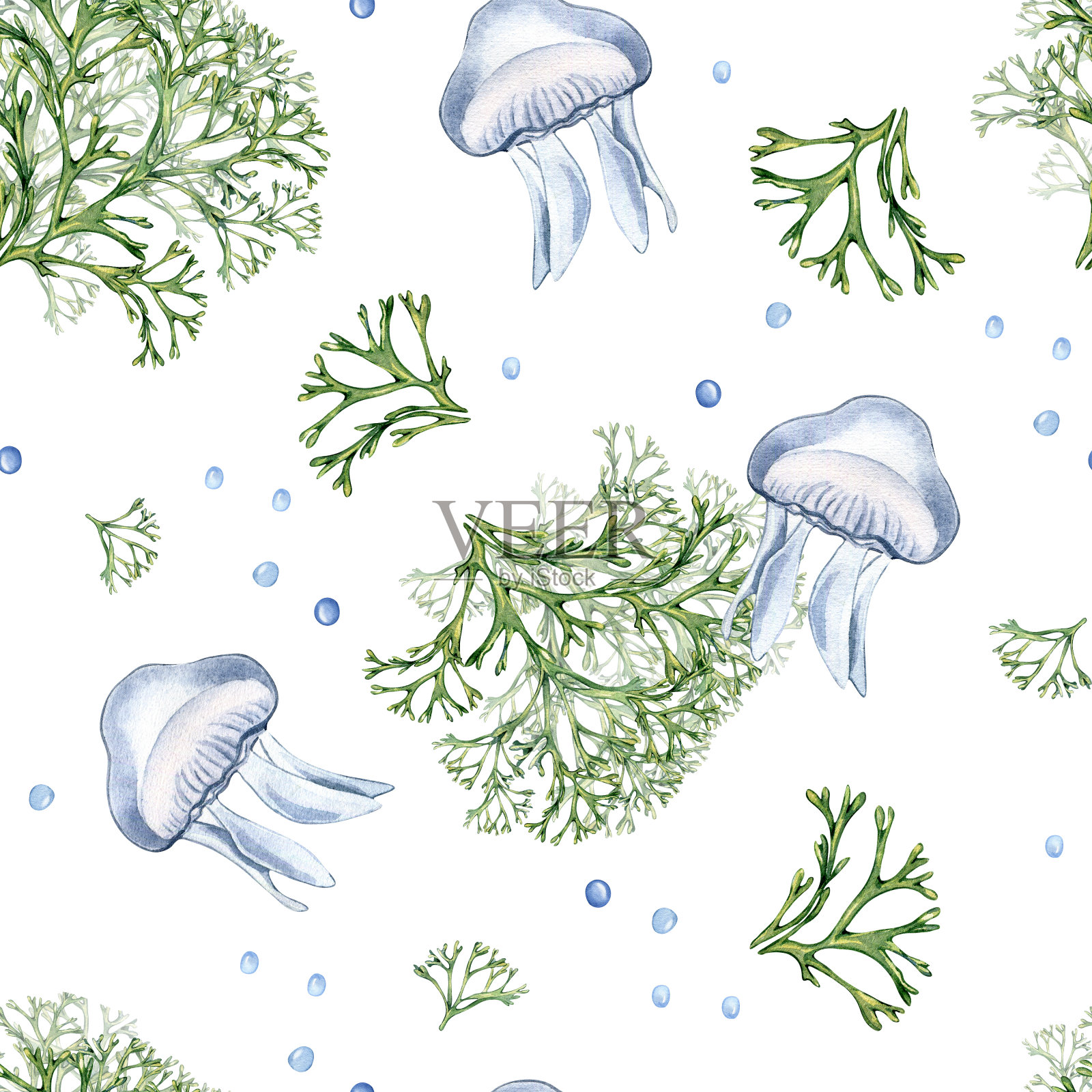 无缝模式的绿色海洋植物和水母水彩插图孤立在白色背景。海藻手工绘制。设计包装，纸张，纺织品，包装，海洋收集插画图片素材