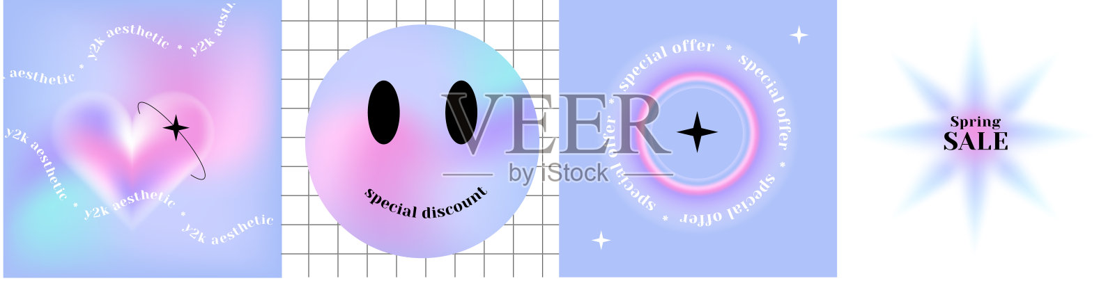 社交媒体广场张贴模板集现代全息平滑梯度。模糊梯度封面模板设计出售，特别提供促销横幅。圆形空间渐变立柱框架。向量插画图片素材