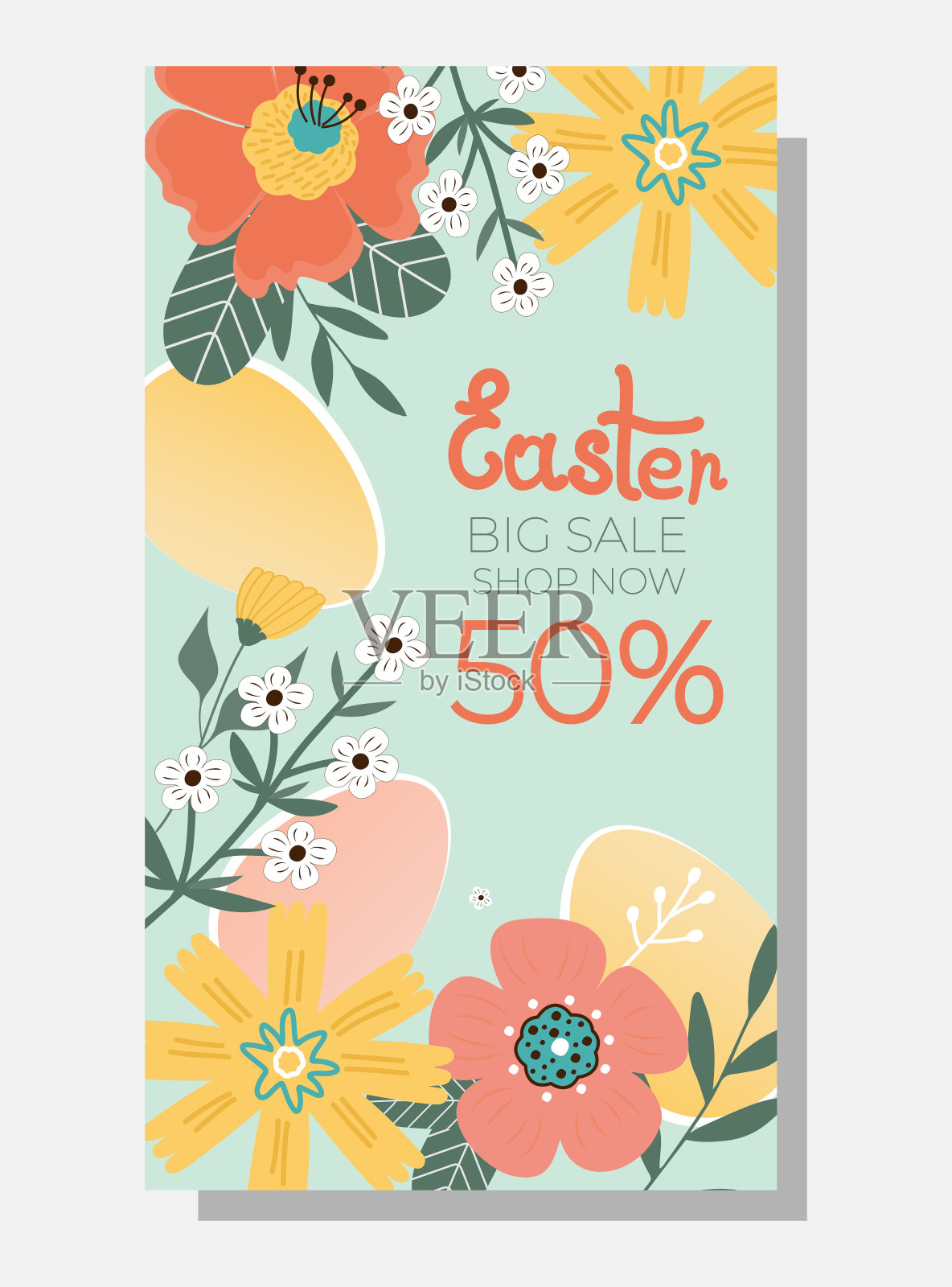 复活节快乐大甩卖。蓝色背景上有复活节彩蛋的花。可以添加文字。插画图片素材