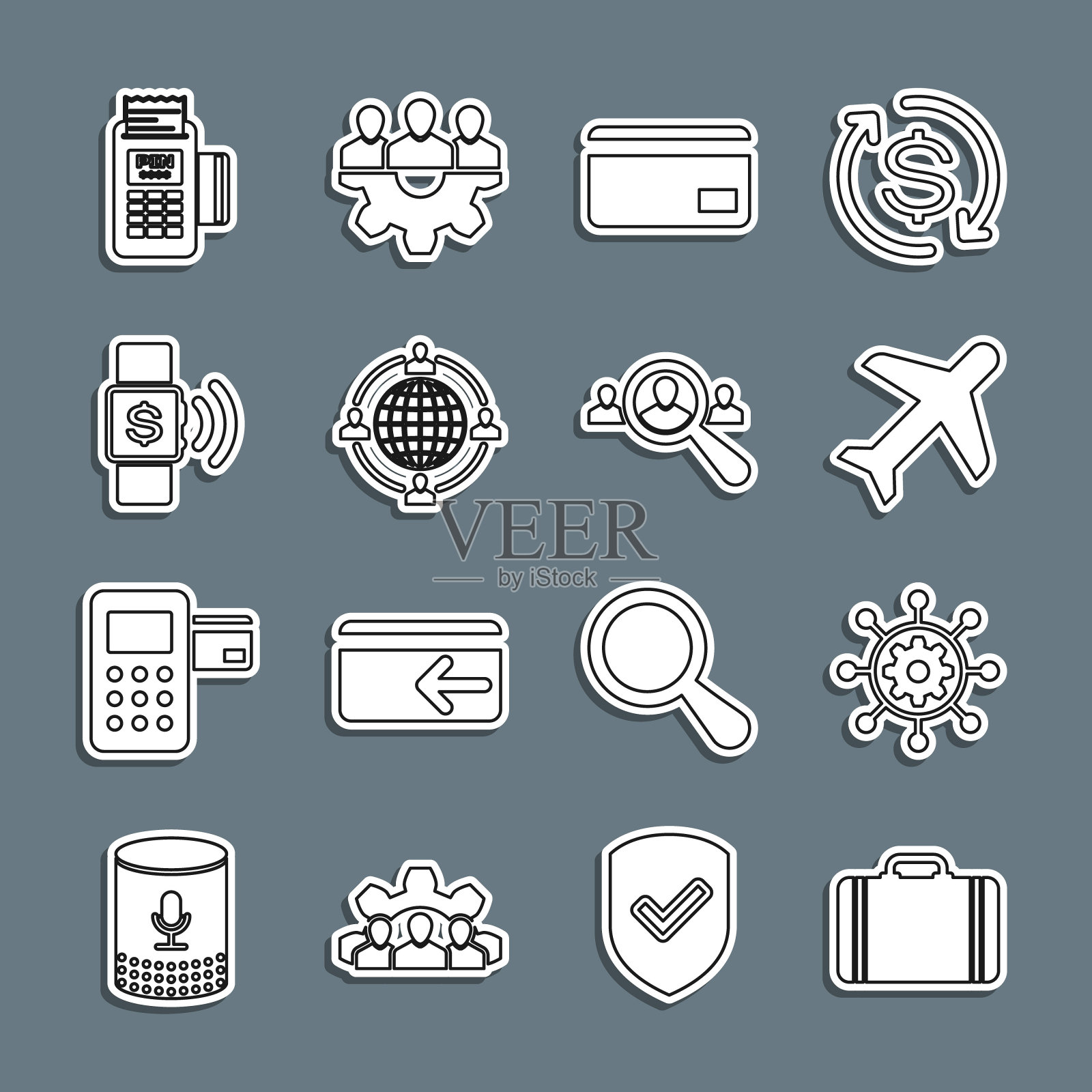 集行旅行箱旅行，项目管理，飞机，信用卡，外包概念，非接触式支付，POS终端和放大镜搜索人图标。向量图标素材