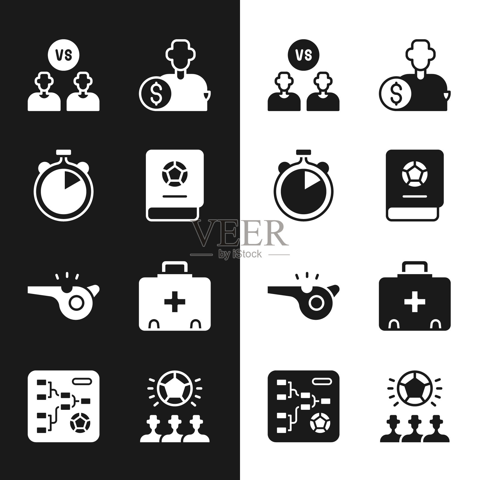 集足球学习书，秒表，或足球运动员，购买足球，哨子，急救箱，足球和锦标赛支架图标。向量图标素材