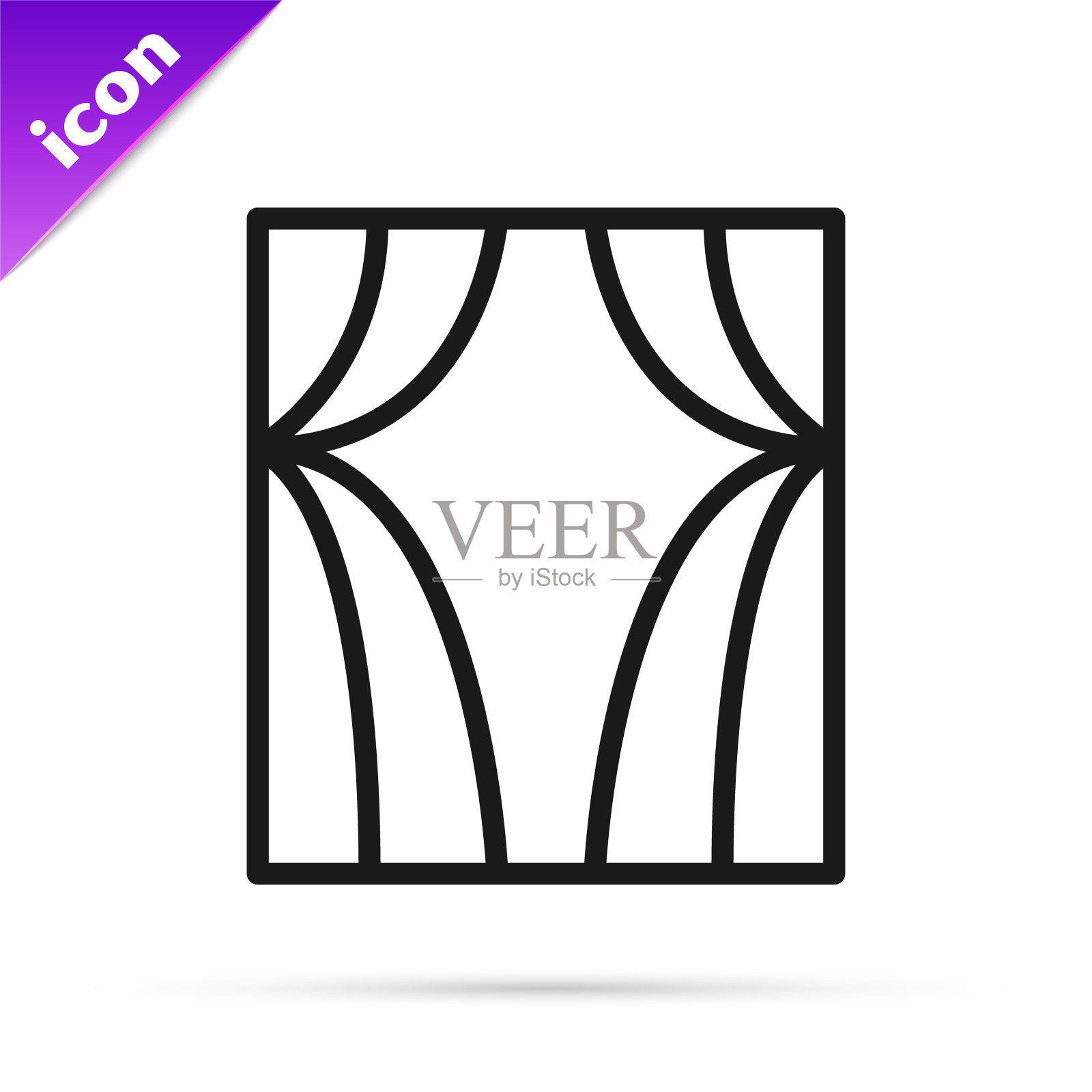 黑线马戏团幕升起图标孤立在白色背景。用于剧院或歌剧场景背景，音乐会盛大开幕或电影院首映。向量图标素材