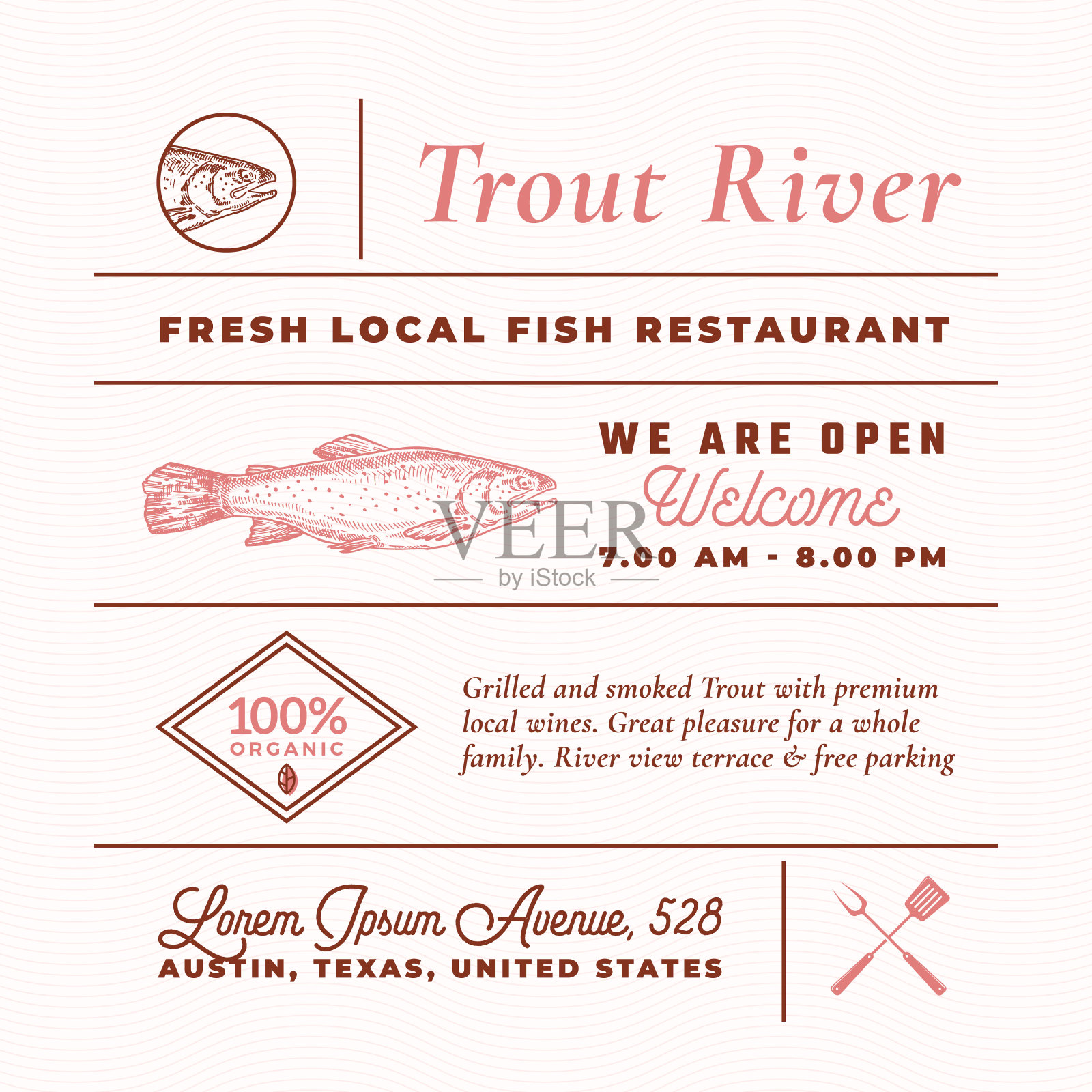 鳟鱼河餐厅标志，标题，铭文和菜单装饰元素集。优质复古排版布局与手绘图标和符号。复古鱼标签模板。插画图片素材