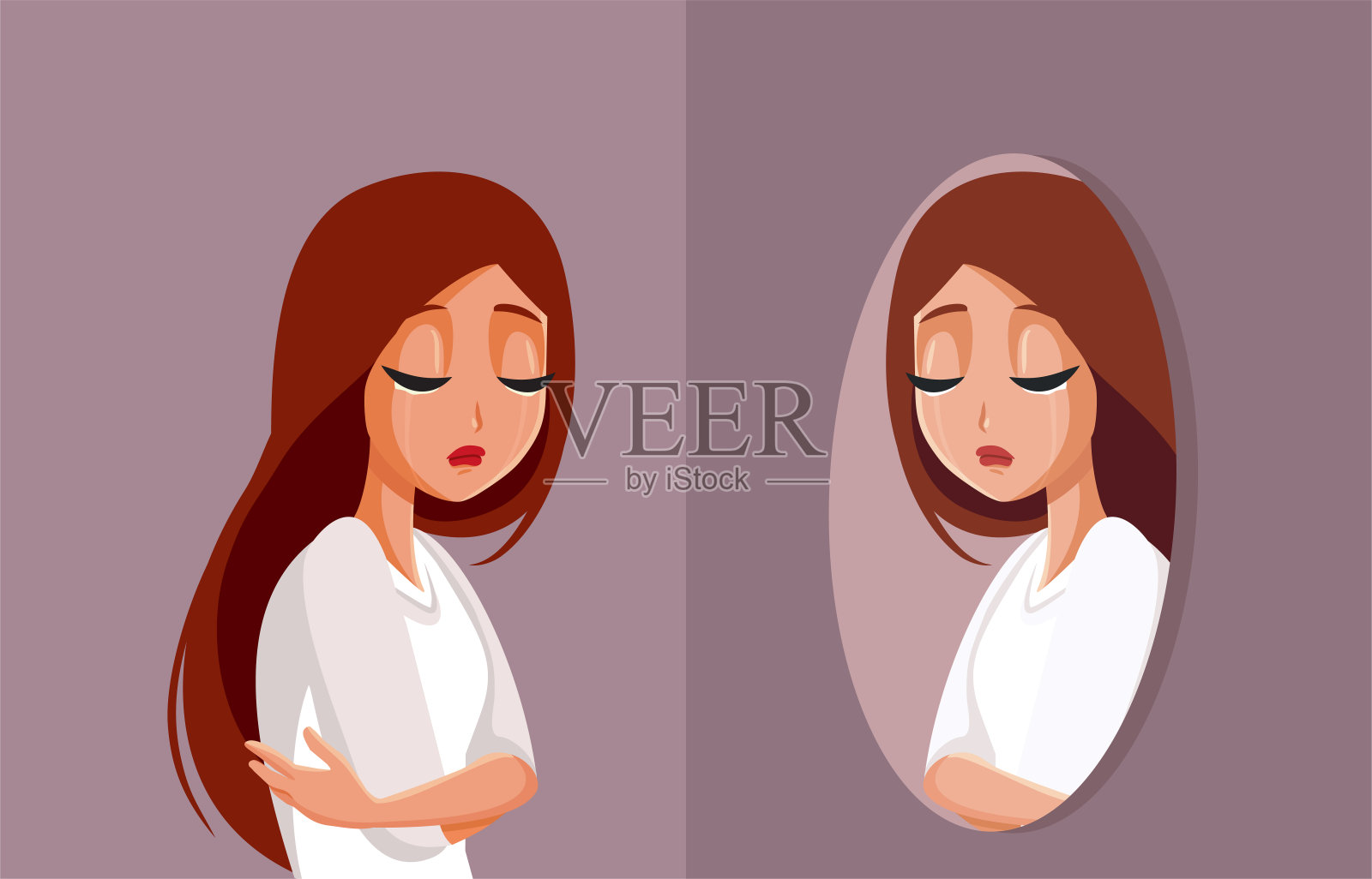 悲伤抑郁的女人看着镜子感到焦虑矢量插图插画图片素材