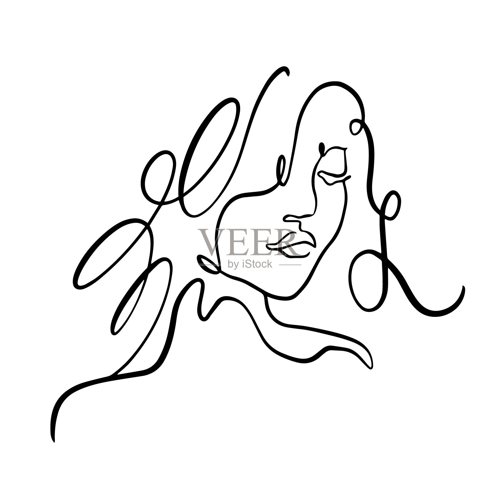 抽象女子面部线条艺术风格黑色彩色墨。插画图片素材