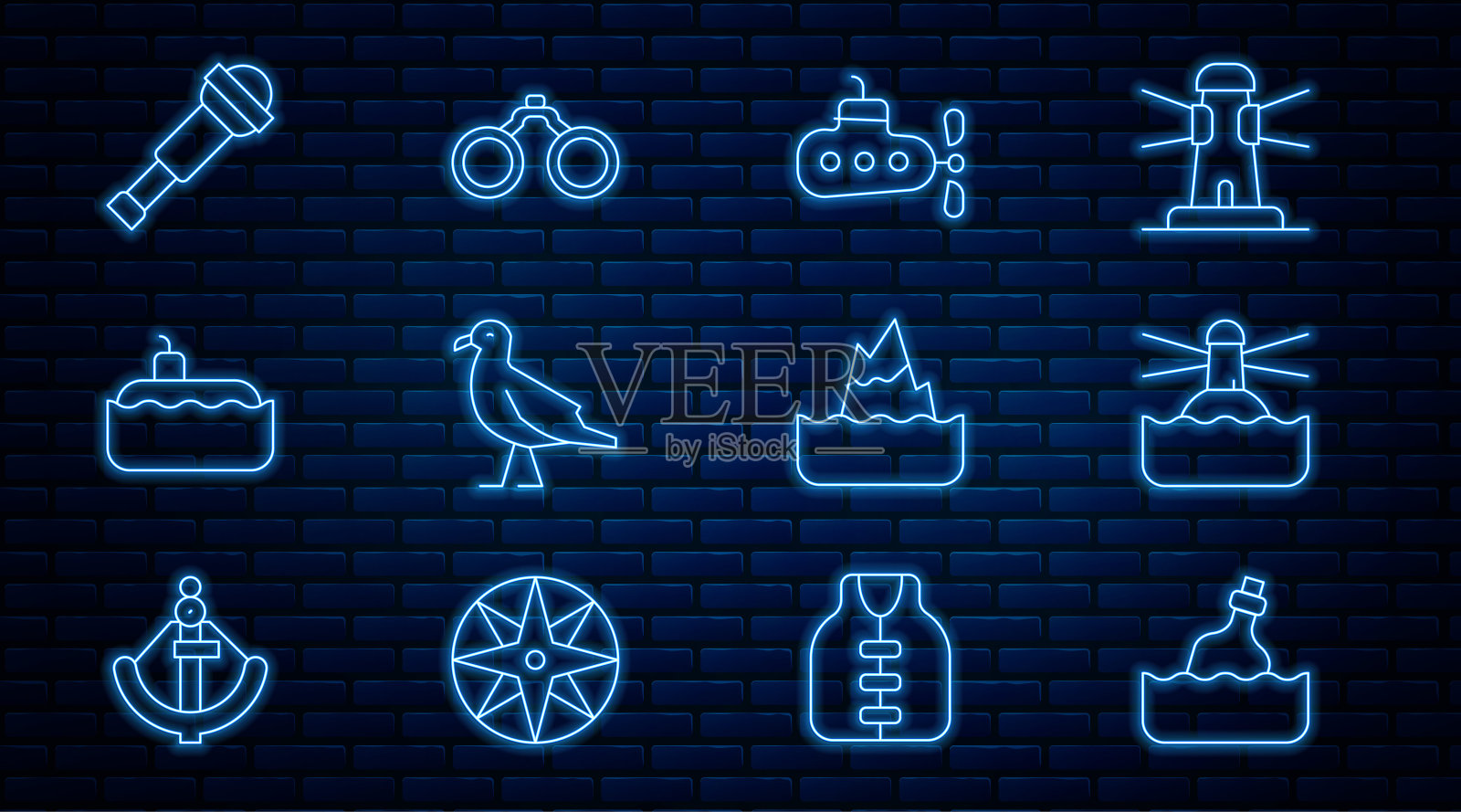 集线瓶与信息在水，灯塔，潜艇，鸟海鸥，望远镜镜头，冰山和双筒望远镜图标。向量插画图片素材