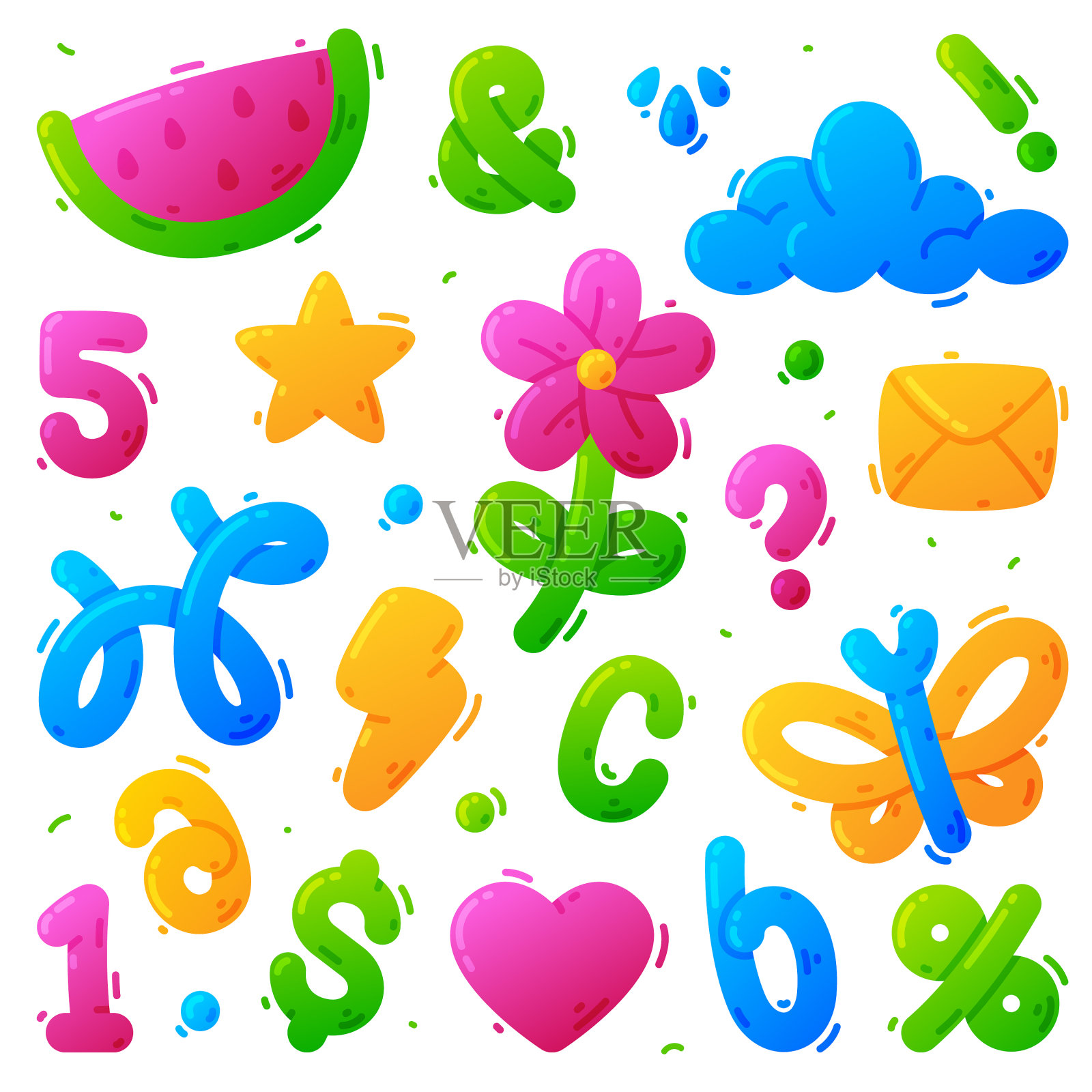 可爱的气球形状和扭曲的数字和ABC插画图片素材