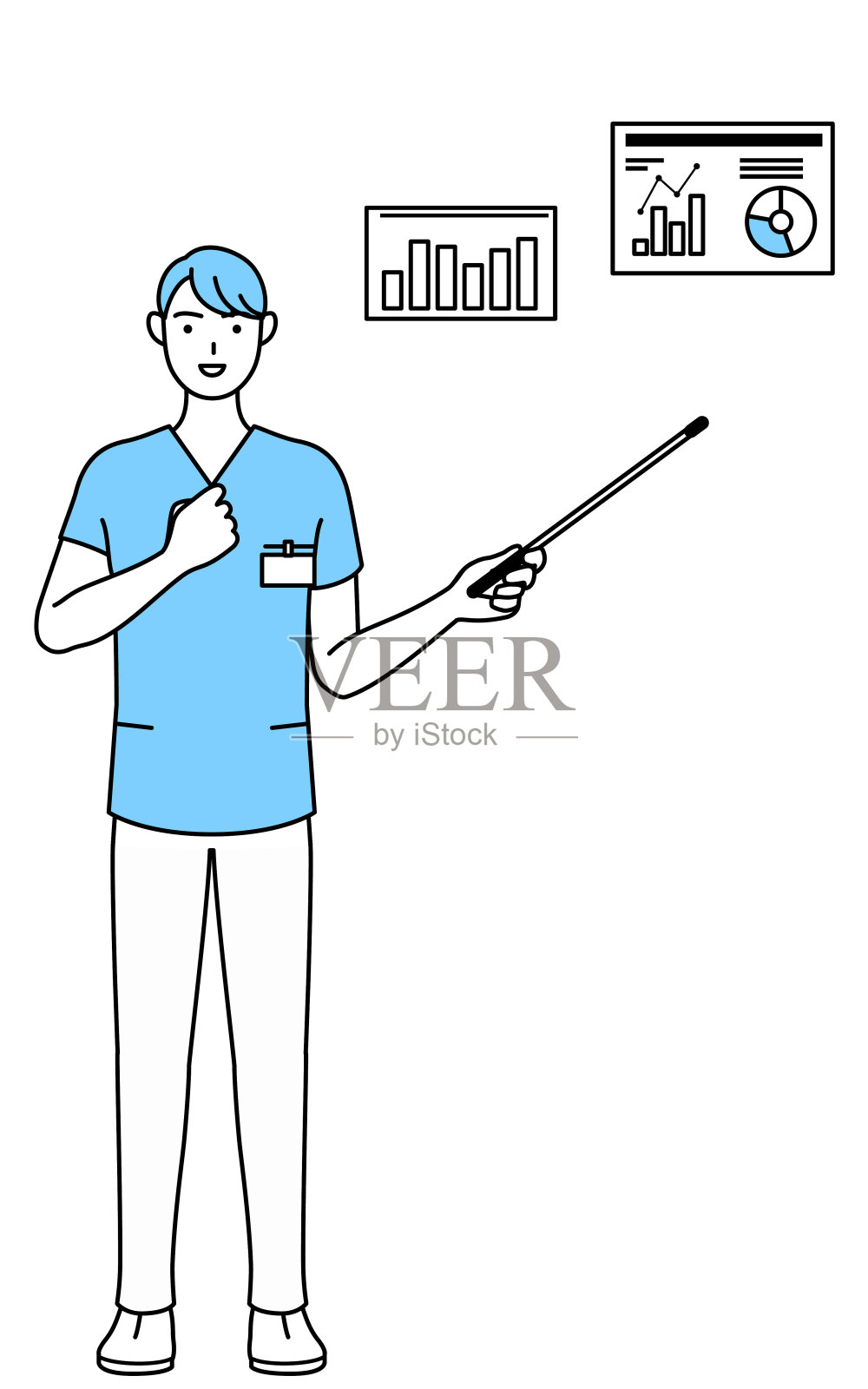 男护士，物理治疗师，职业治疗师，语言治疗师，穿着制服的护理助理分析绩效图表。插画图片素材