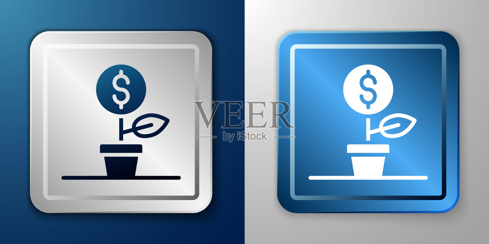 白色美元植物图标孤立在蓝色和灰色图标素材