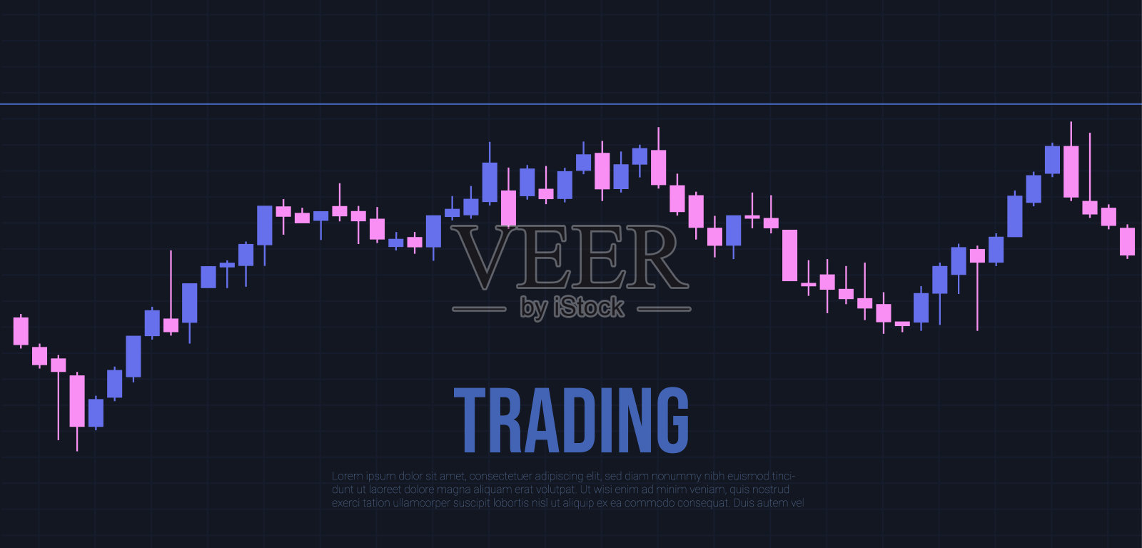 交易图表背景与霓虹灯紫色图表图形和网格。看涨的趋势。矢量插图，带有用于业务模板表示的文本空间插画图片素材