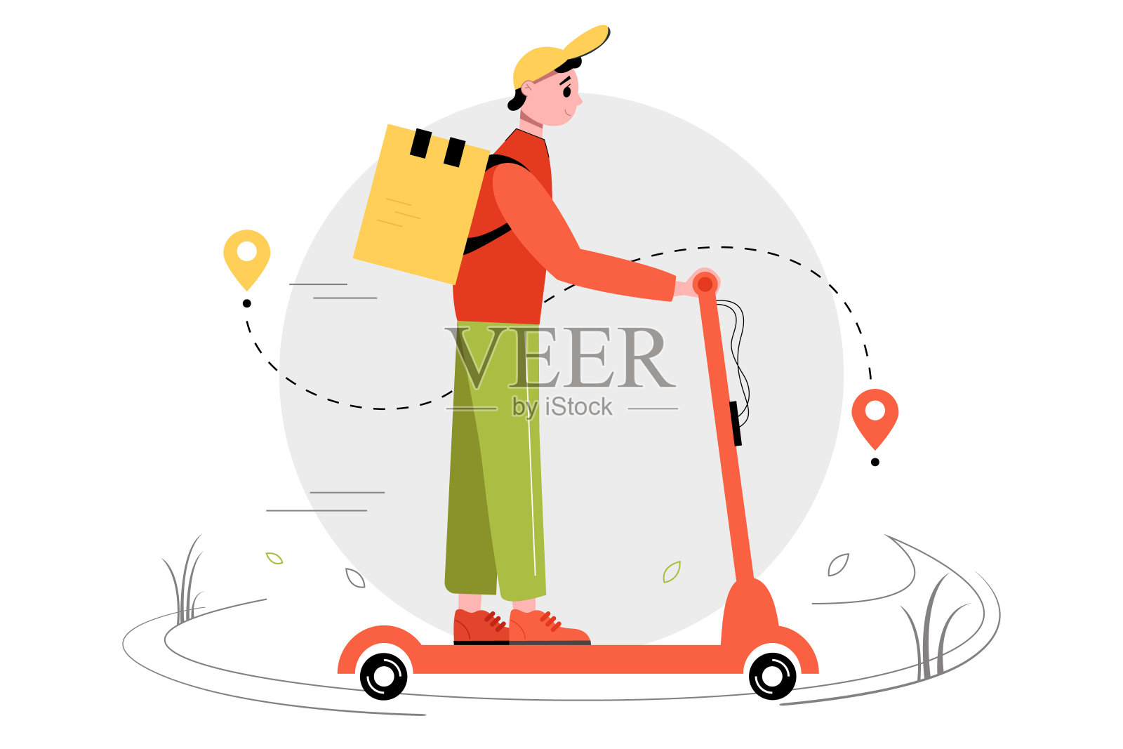 一名男快递员骑着摩托车去了那个地址。配送服务理念。插图。插画图片素材