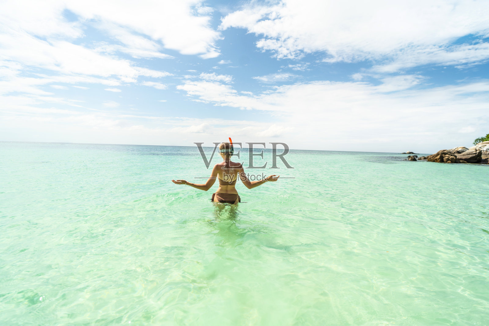 穿着棕色比基尼的女子在马尔代夫浮潜。后视图。热带海岸线。游客。旅行者。的爱好。旅游热照片摄影图片