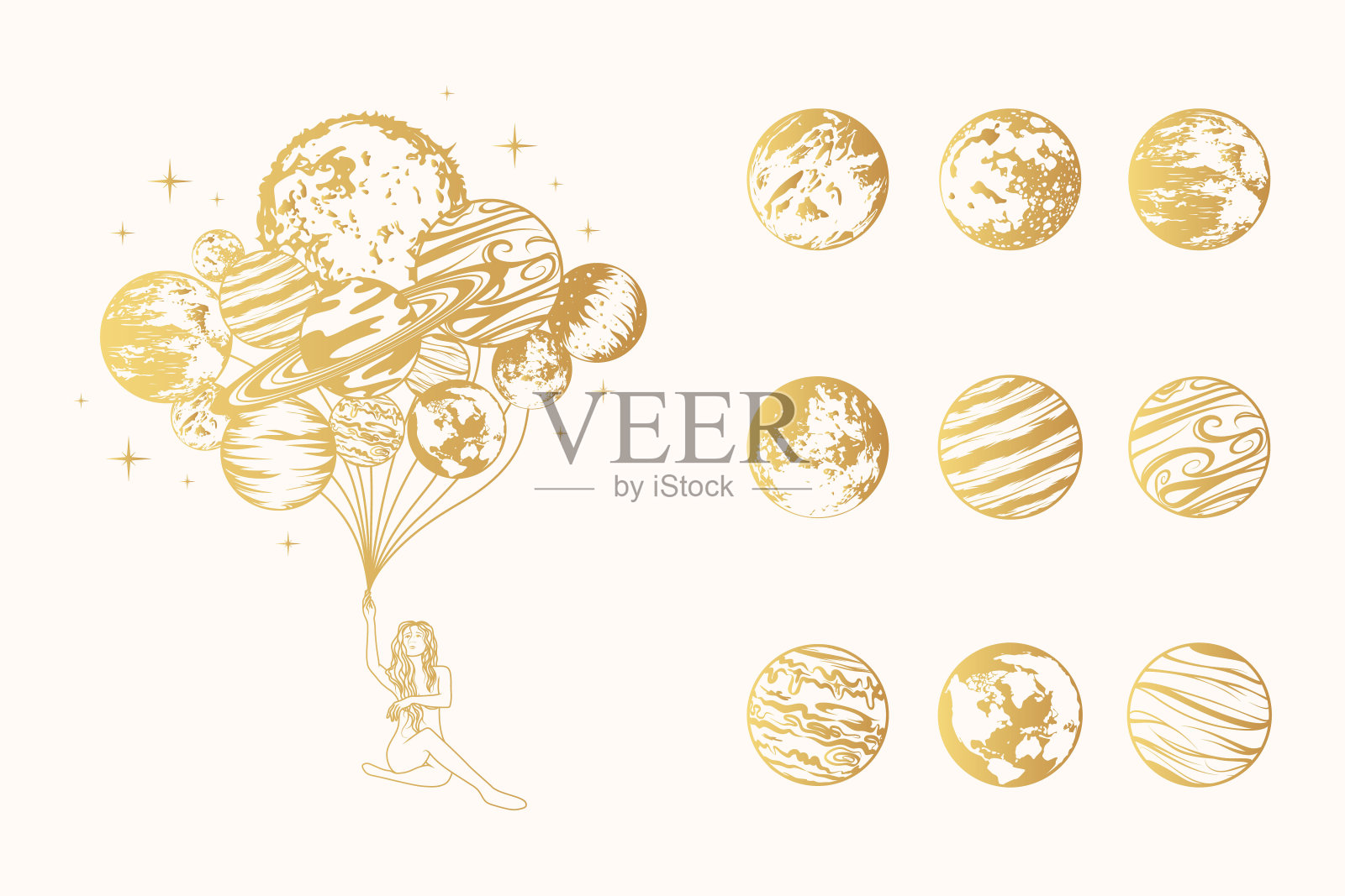 金色的天上女孩拿着一堆气球——行星和九个神秘的行星。手绘一套独立的空间设计元素，用于印刷、海报和贺卡。插画图片素材