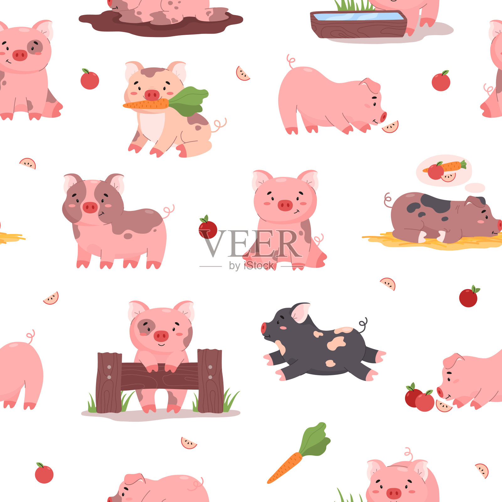 可爱的卡通猪扁平风格无缝图案，矢量插画插画图片素材