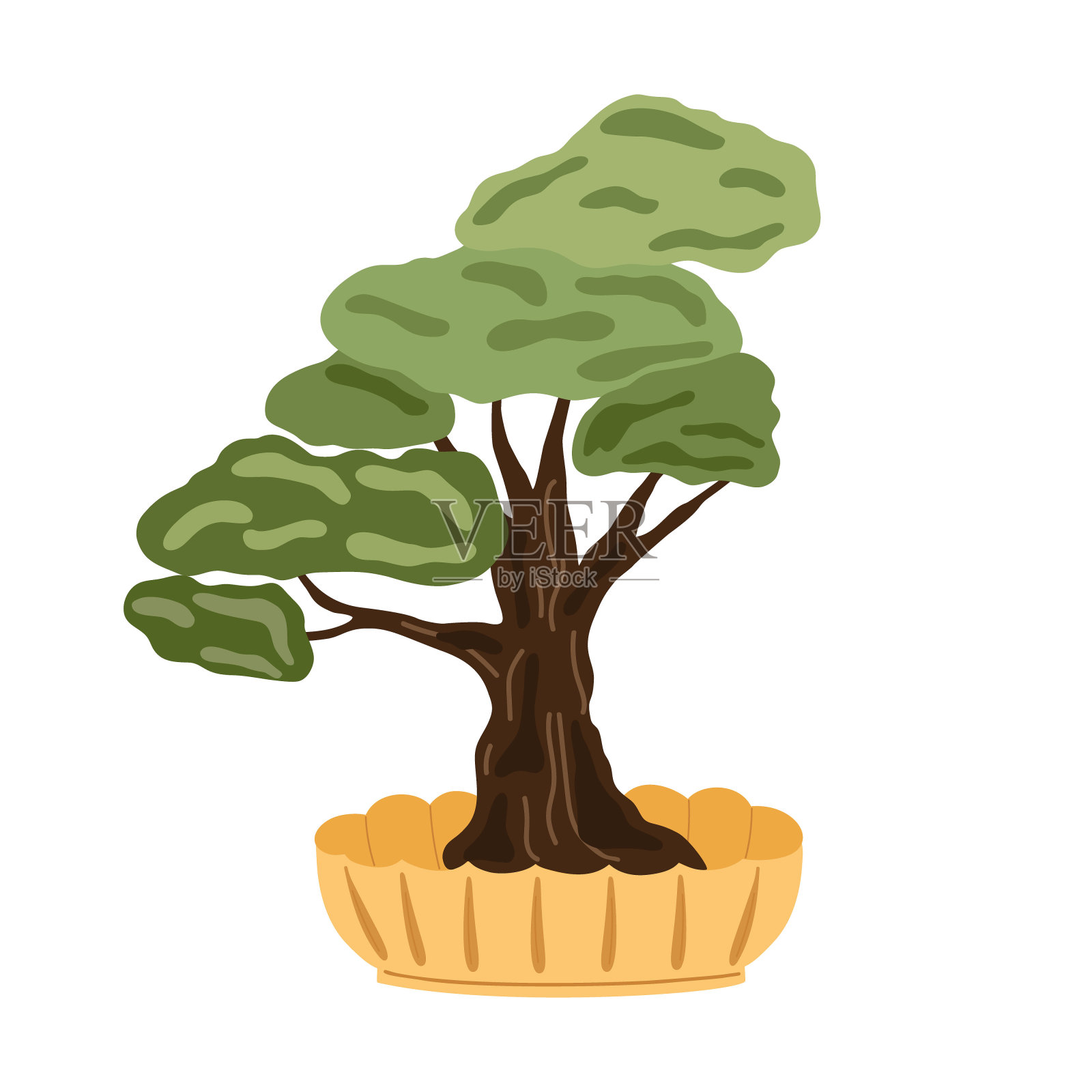 装饰性盆景树在花盆中，家用植物简单的卡通矢量插图，日本传统文化元素在简单的平面风格插画图片素材