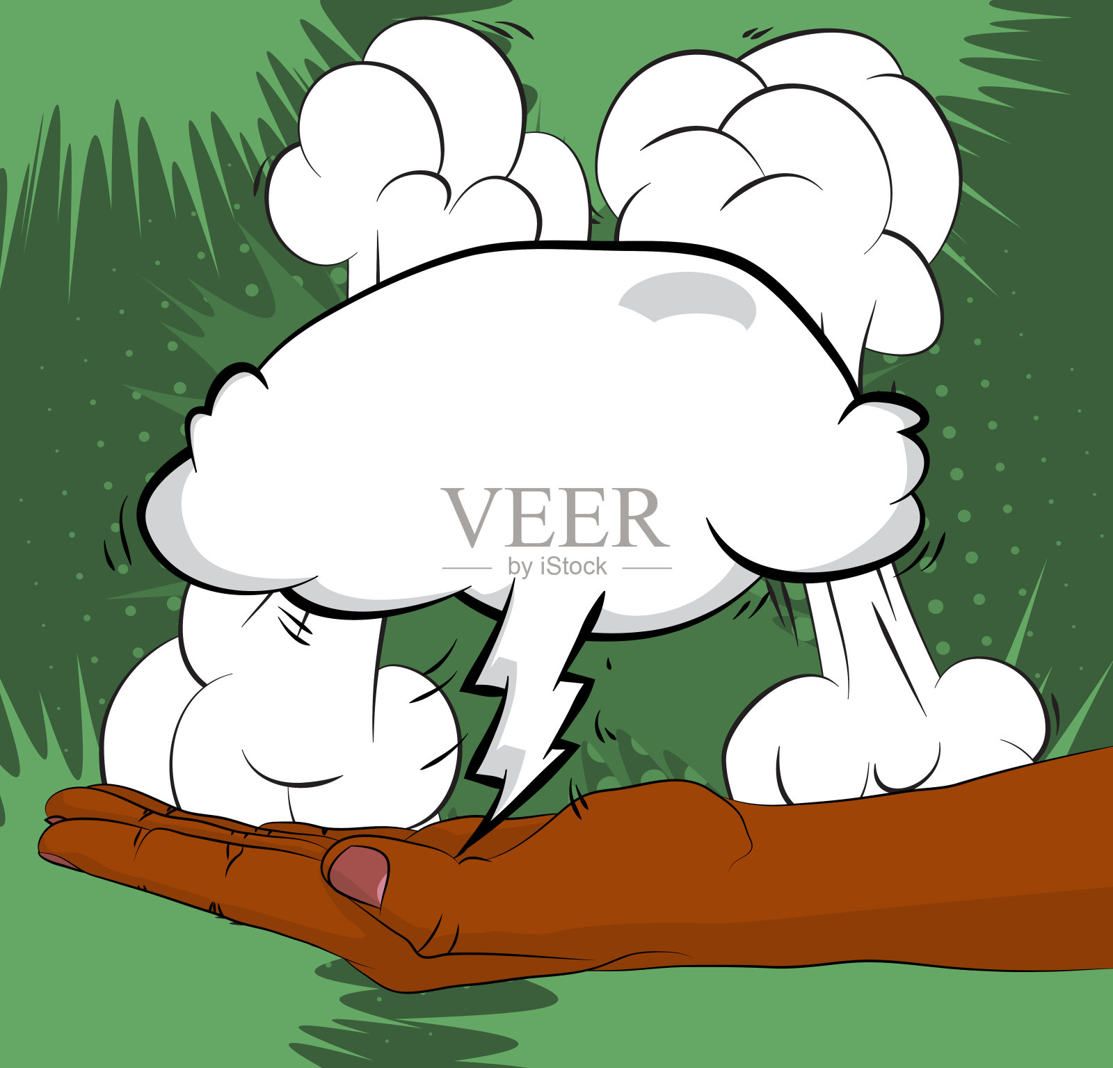 漫画人的手在他的手掌里握着一个空白的演讲气泡。抽象波普艺术绿色背景的广告。复古海报模板。插画图片素材