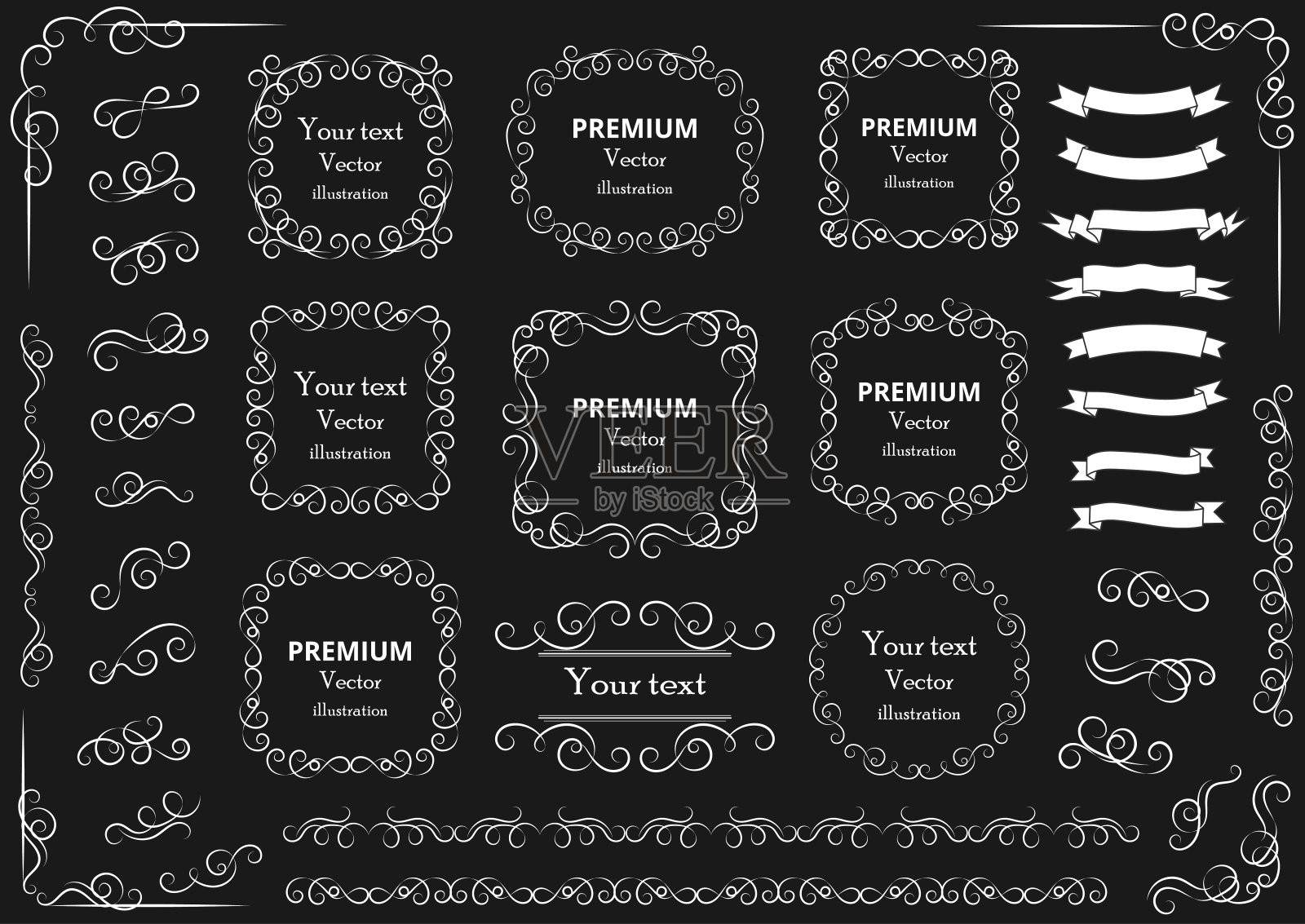 书法设计元素。装饰性漩涡或卷轴，古董框架，花饰，标签和分割线。复古的插图插画图片素材