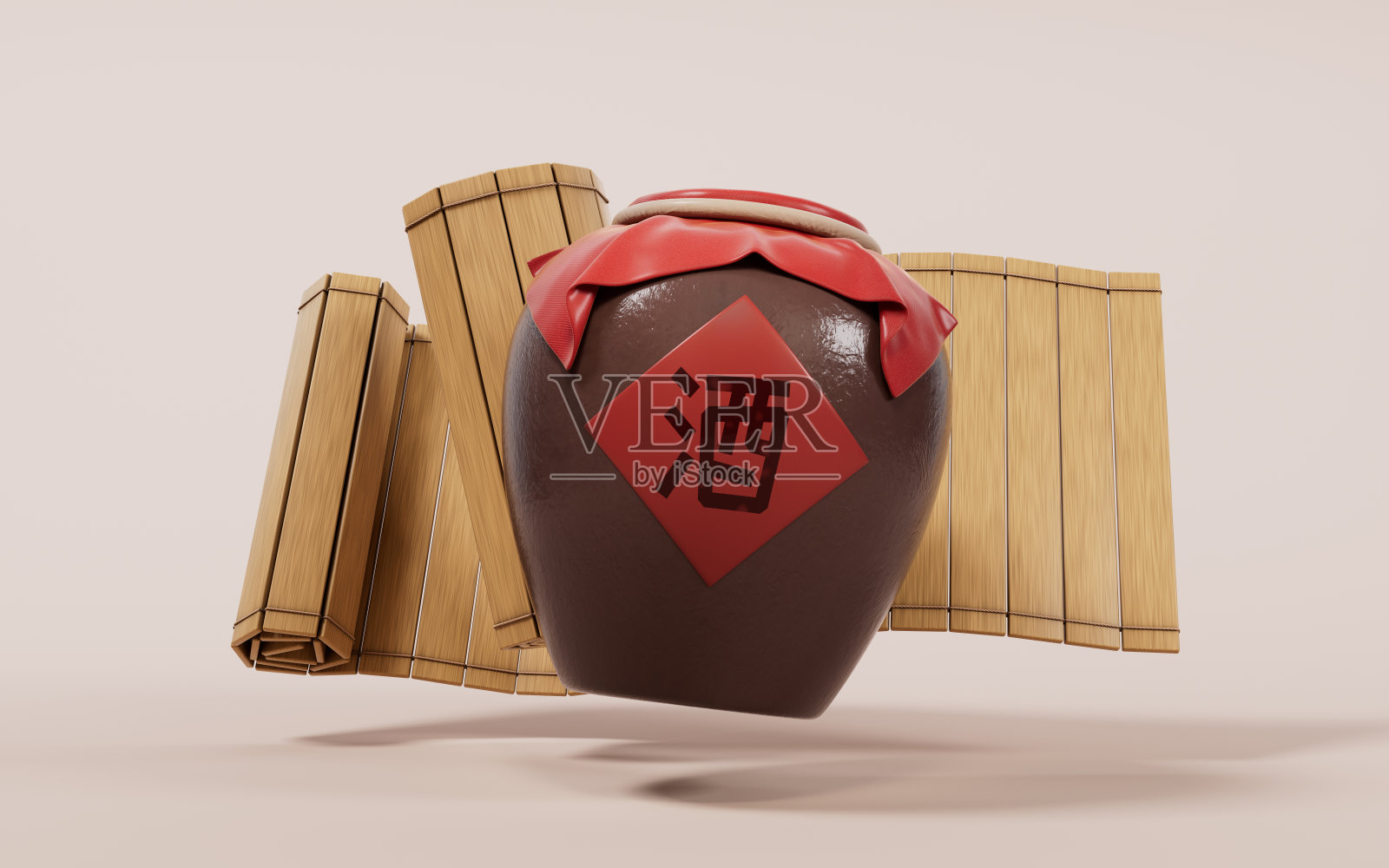 复古风格的中国古酒，3d渲染。坛子上的翻译是:酒。照片摄影图片