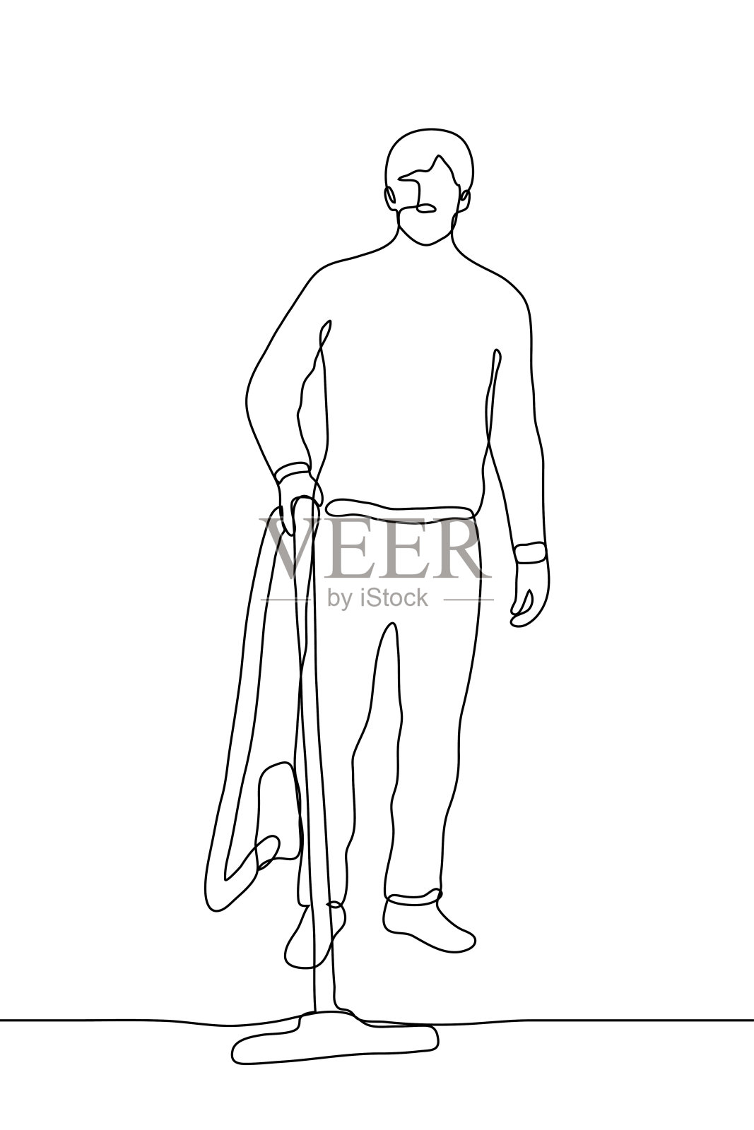 一个成年男子站在那里，手里拿着吸尘器的把手。一幅画的是一个男人在用真空吸尘器打扫卫生插画图片素材