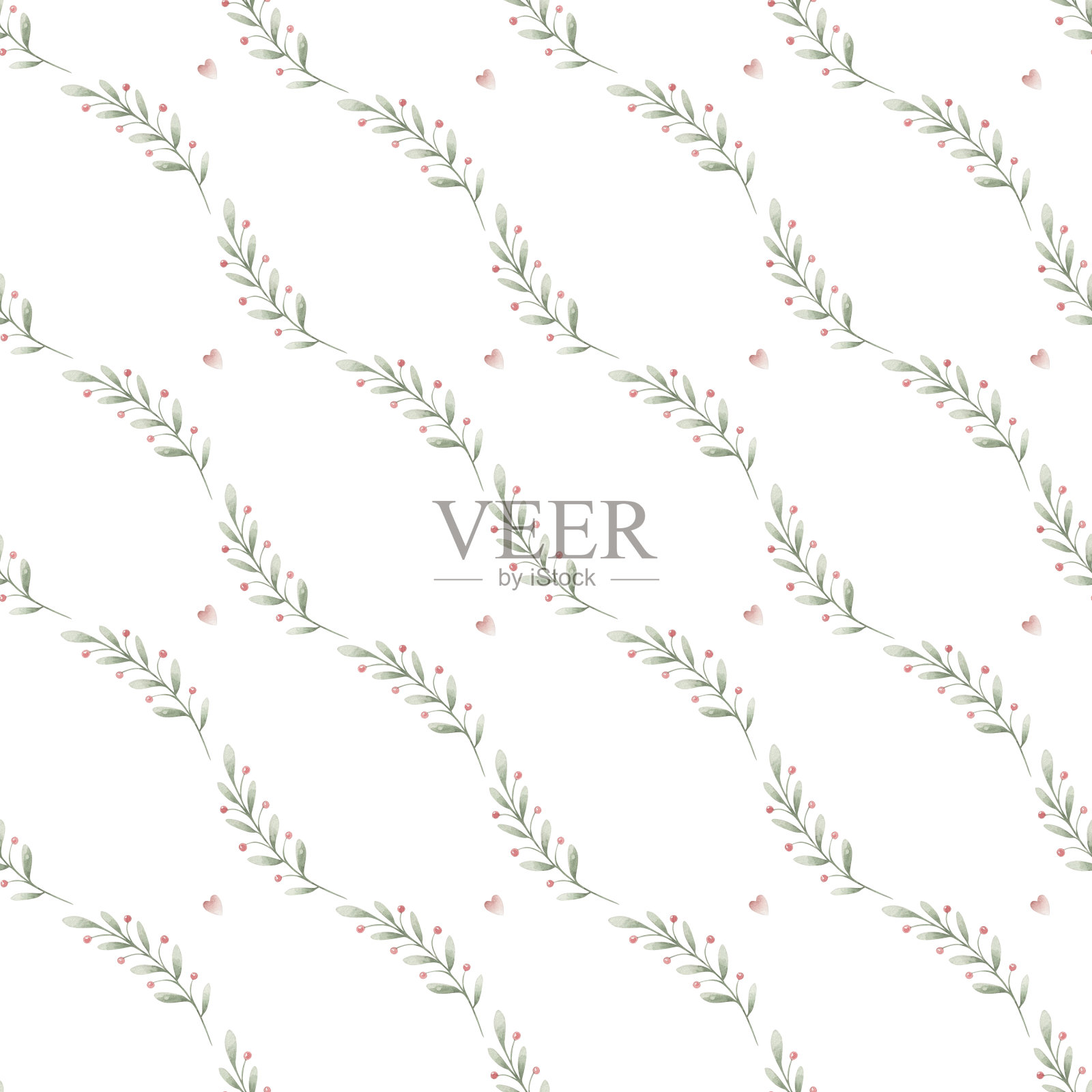 水彩图案与叶枝和心孤立。插画图片素材