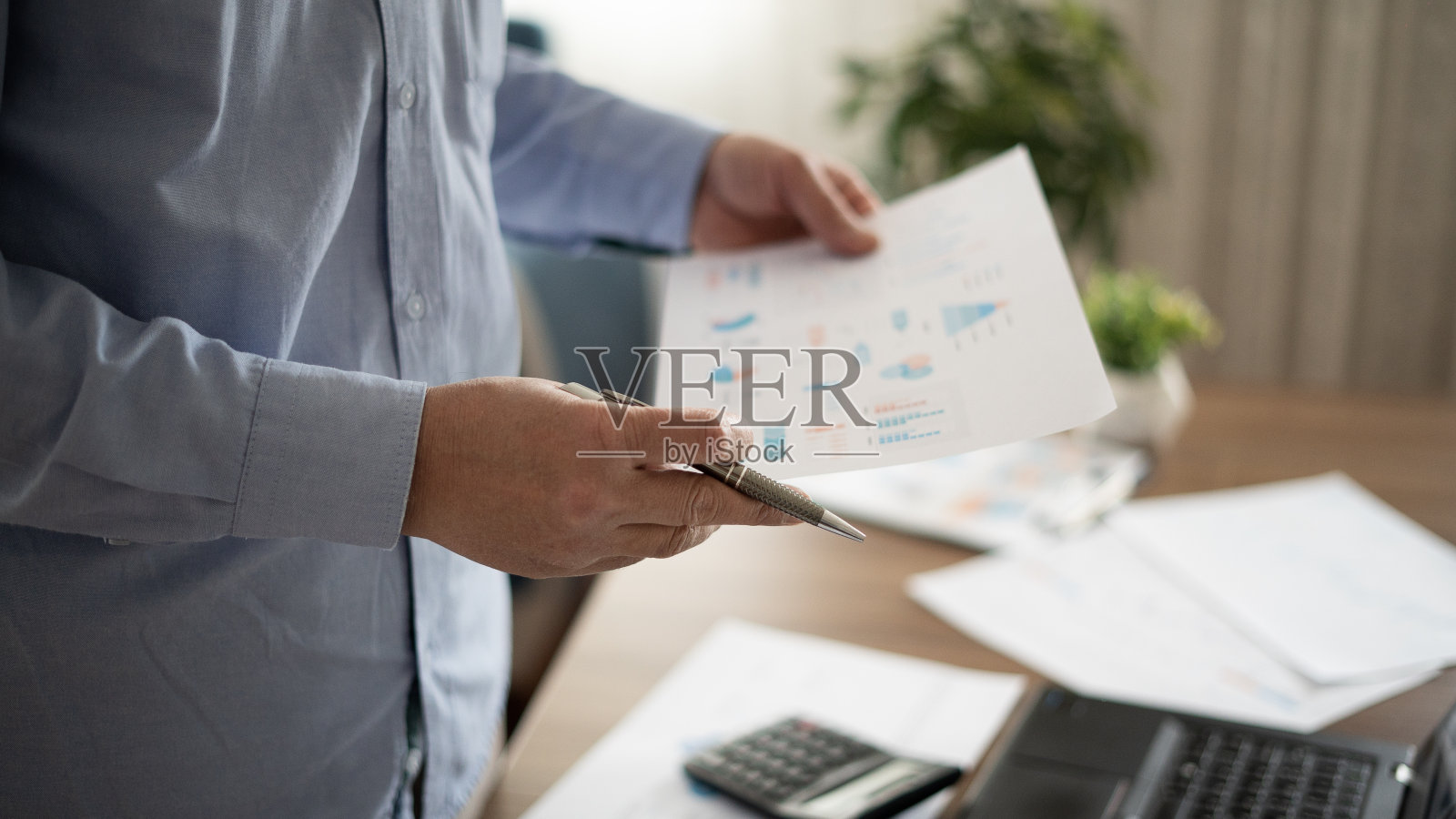 成年商人在家审查财务报告照片摄影图片